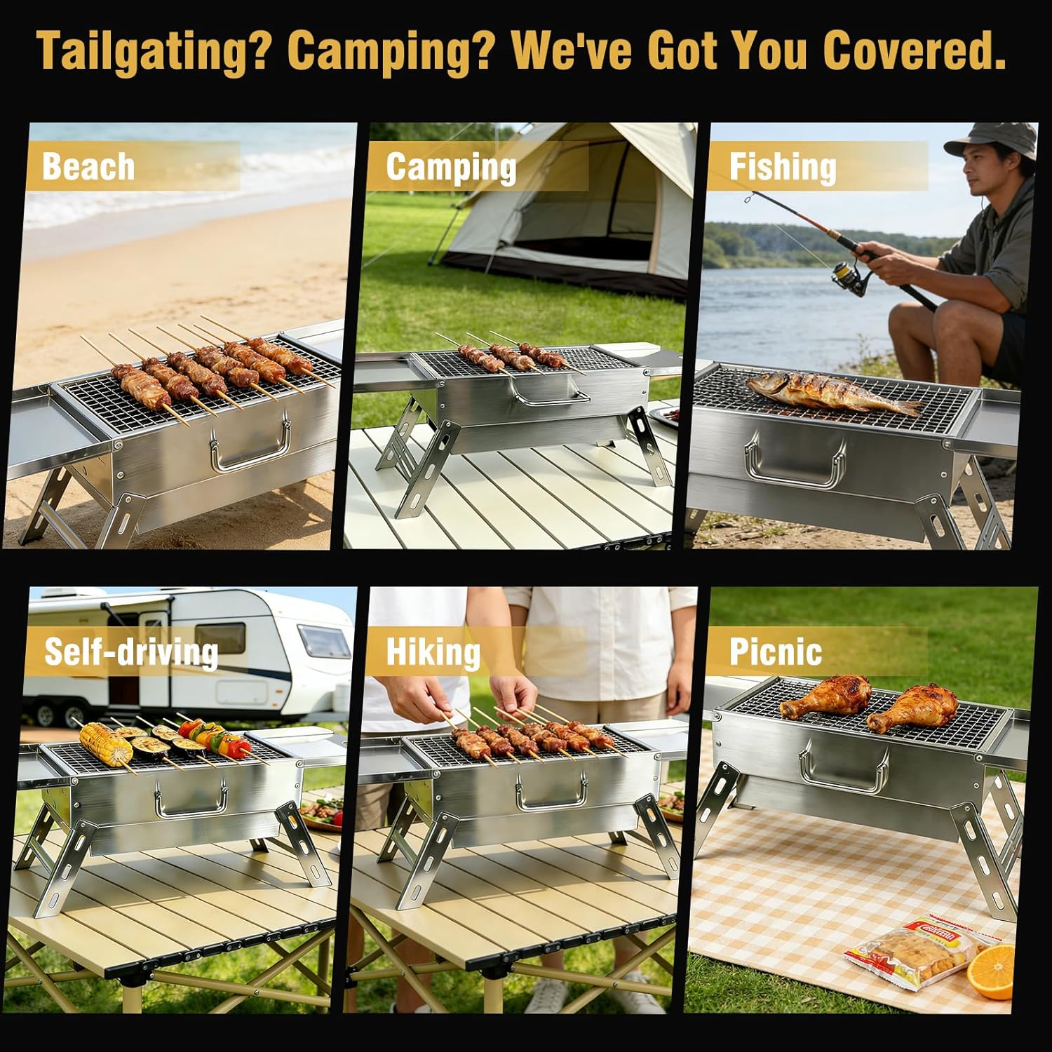 Portable Tabletop Charcoal Grill, Foldable Stainless Steel Mini BBQ Grill with Carry Bag, Lightweight Small Camping Picnic Travel Tailgating Patio Grill