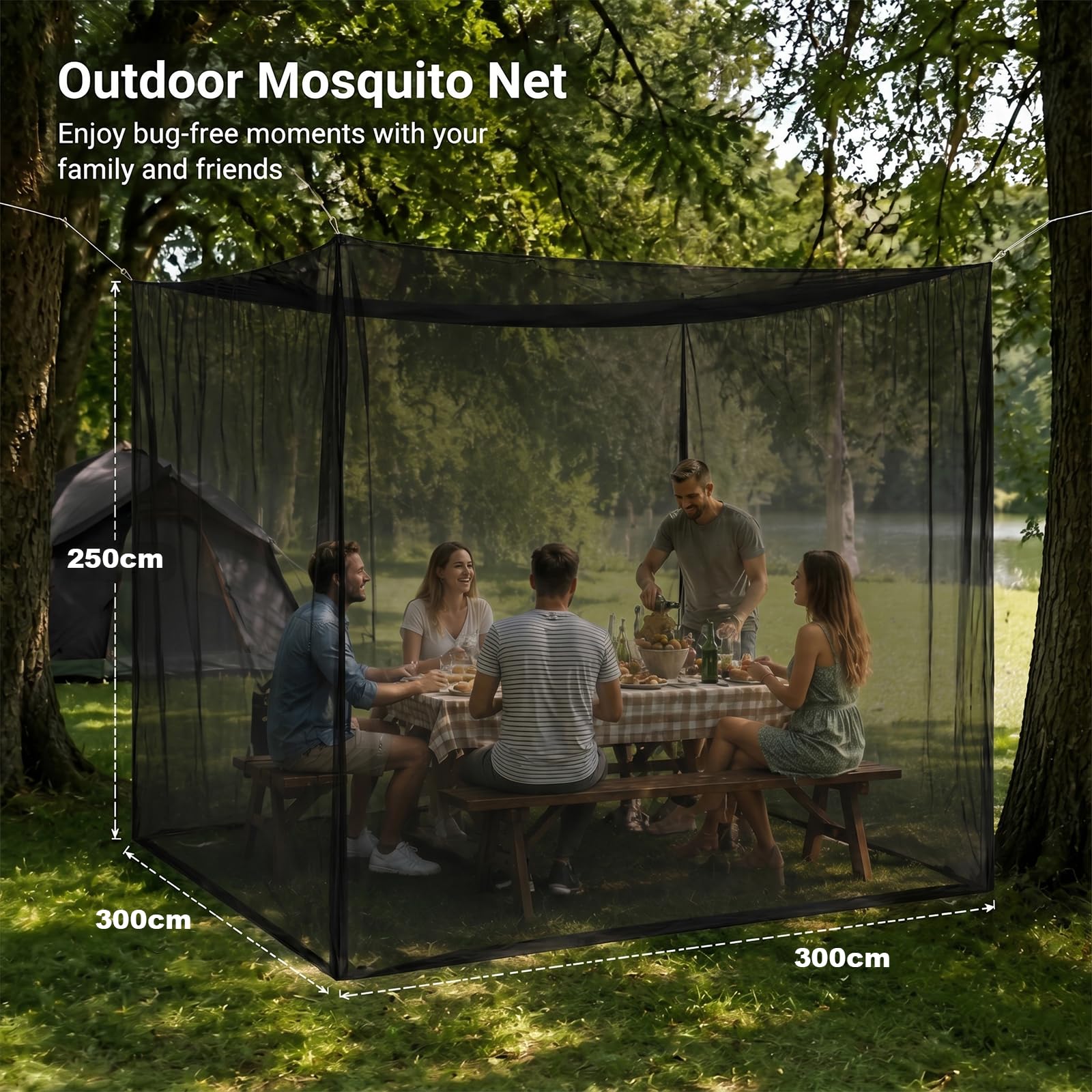 Moustiquaire 300 x 300 x 250 cm, grande moustiquaire pour lit double, tente de camping fermée portable, pour extérieur, jardin, balcon, terrasse, tonnelle (noir)