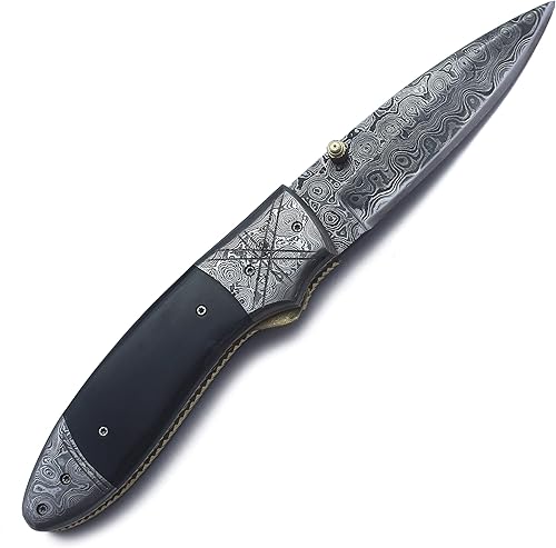 Miniatura 4 de WolfKlinge Cuchillo de bolsillo hecho a mano de acero Damasco para caza supervivencia camping pelletero Bushcraft mango plegable de hueso de camello