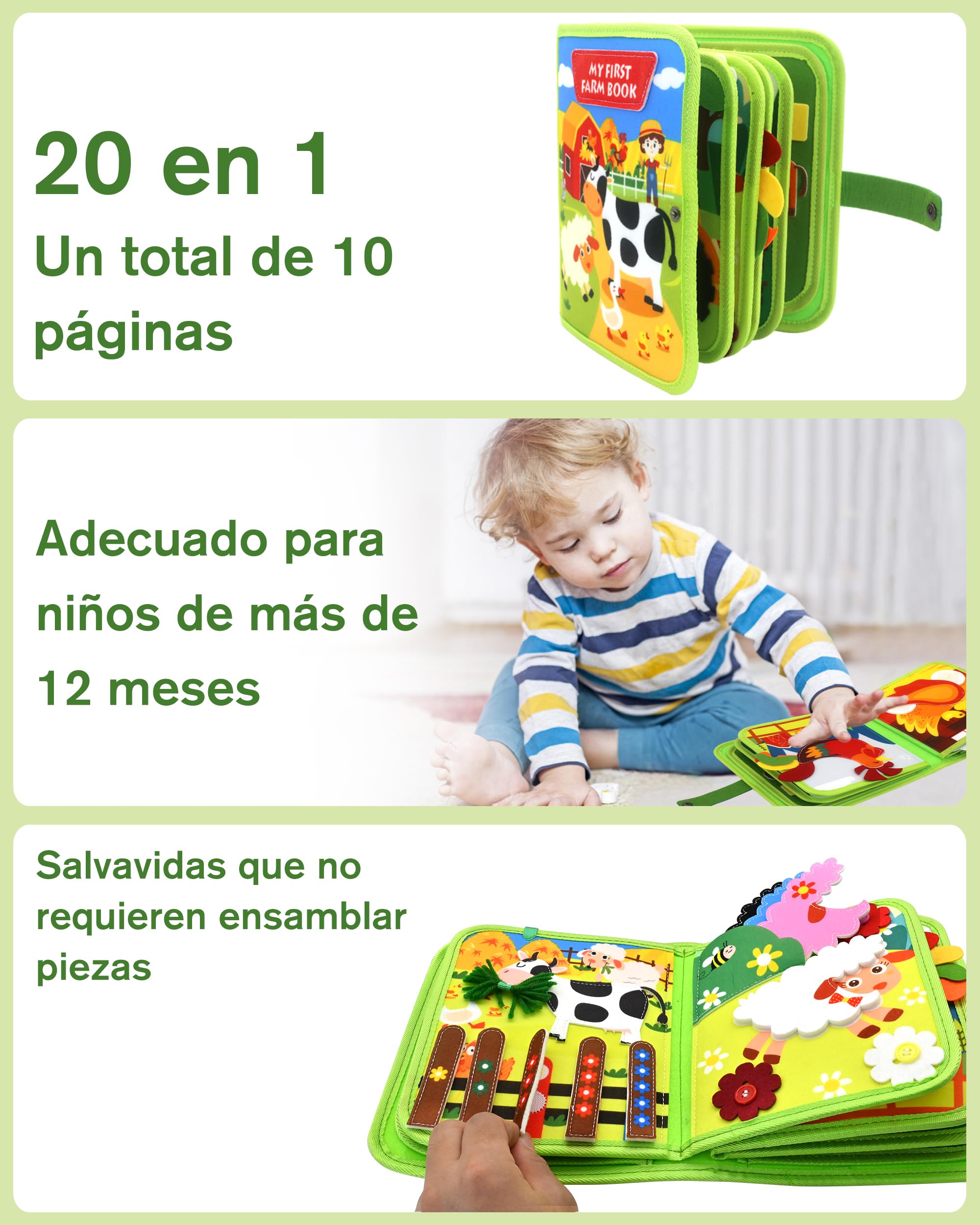 Meafeng Montessori 1 año, 20 en 1 Busy Board de Actividad, Libro Interactivo Juguetes Montessori para niños 1 2 3 4 5 6 años, 10 páginas Animales Granja — view 2