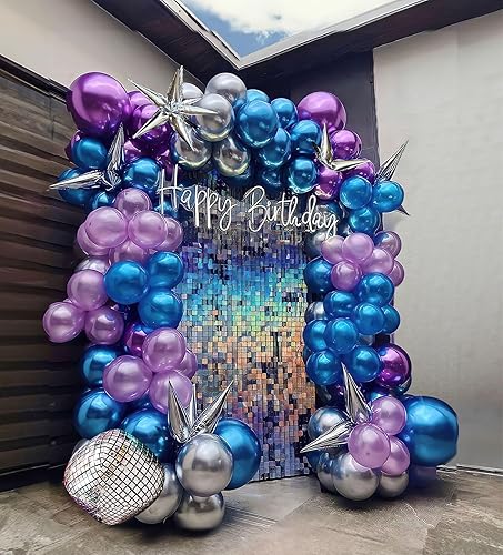 Kit de arco de guirnalda de globos cromados morados y azules 130 globos metálicos de doble relleno lila plateado para Galaxy Space Theme Video Game