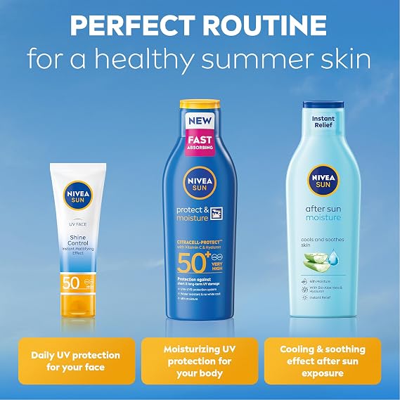 NIVEA SUN Protect & Moisture Sun Lotion SPF 50+ (200 ml), Suncream with Vitamin C and Hyaluron, Provides 48H Moisture and Immediate UVA/UVB Protection, Fast-Absorbing, No White Cast Formula | SUN