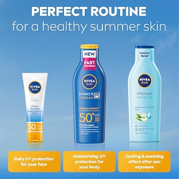 NIVEA SUN Protect & Moisture Sun Lotion SPF 50+ (200 ml), Suncream with Vitamin C and Hyaluron, Provides 48H Moisture and Immediate UVA/UVB Protection, Fast-Absorbing, No White Cast Formula | SUN
