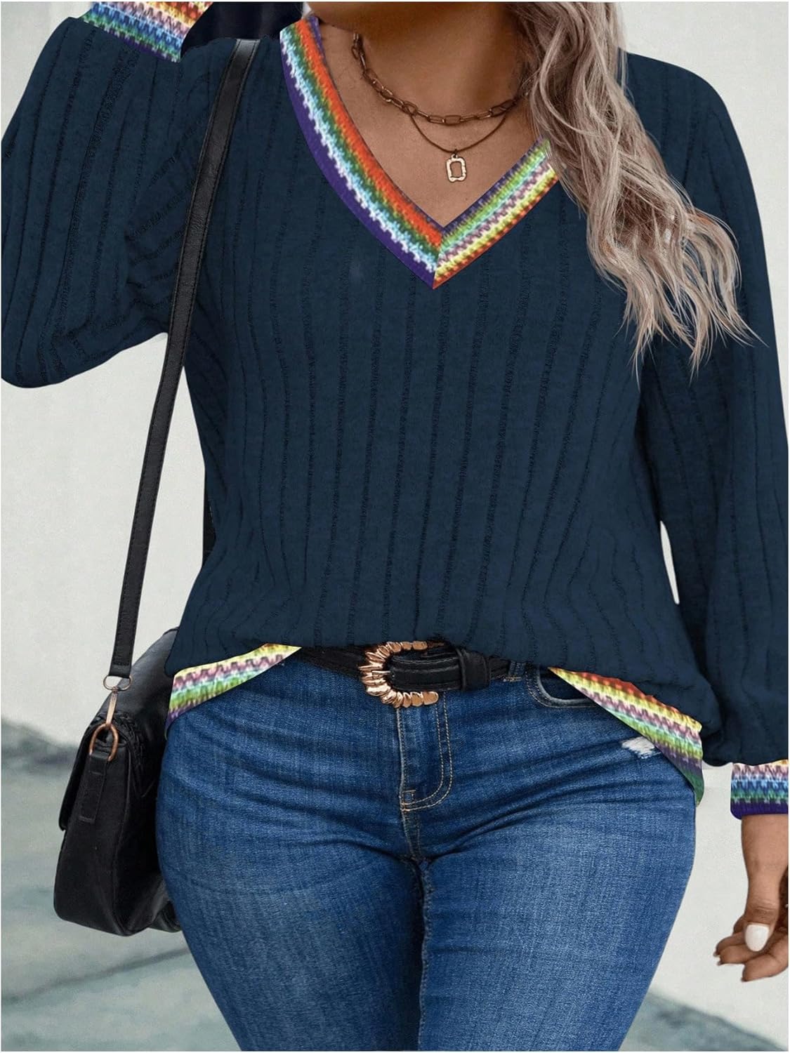 GORGLITTER Women's Plus Size Fall Sweater Colorful V Neck Long Sleeve Dressy Trendy 2025 Pullover Jumpers Tops - Image 3