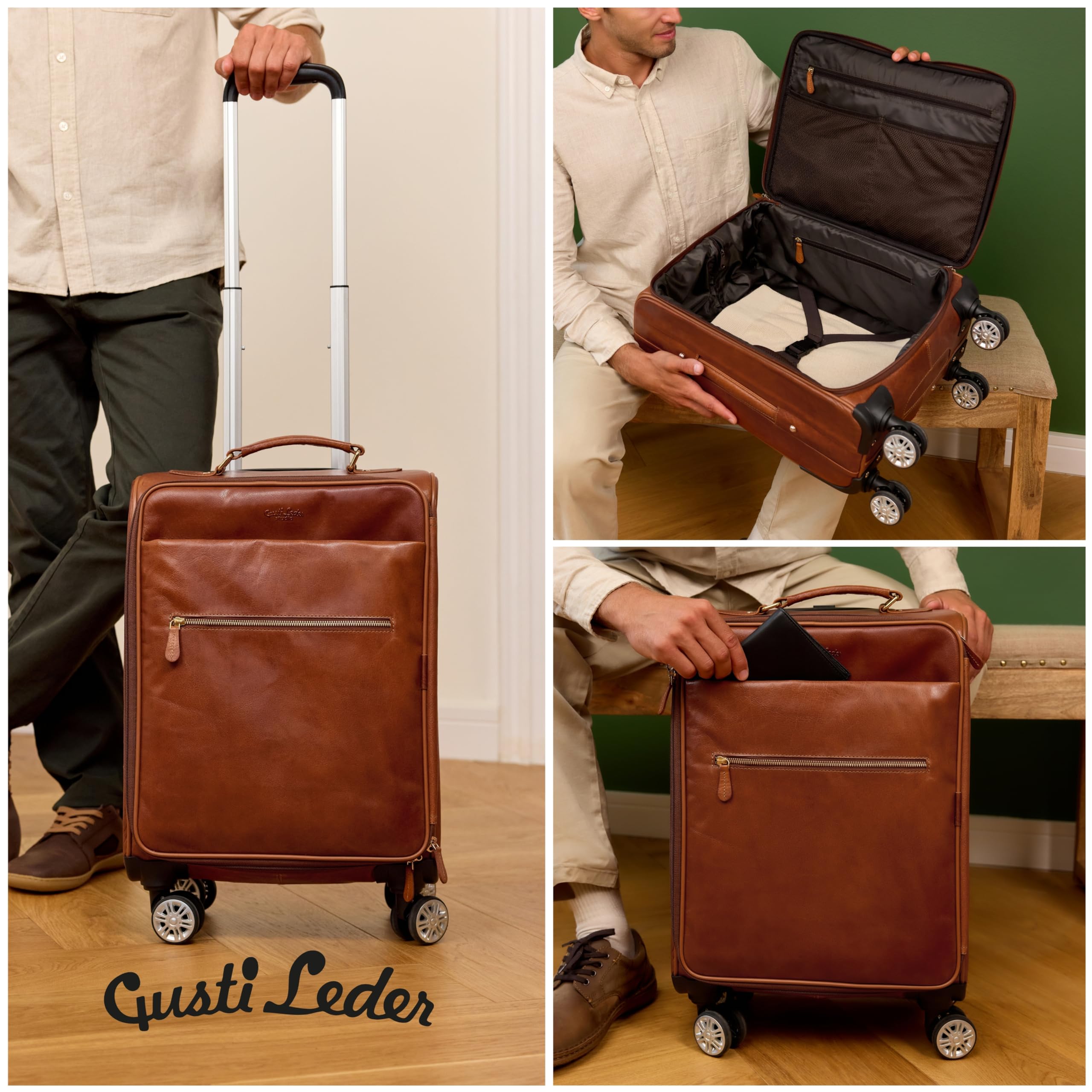 Gusti Borsa da viaggio in pelle – Asia trolley da viaggio con ruote, da uomo, in pelle marrone