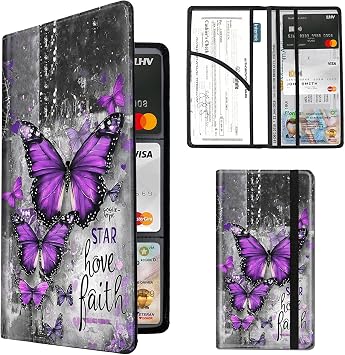 Car Registration and Insurance Holder,PU Leather Car License Document Insurance and Registration Card Holder Men Women Vehicle Glove Box Organizer Auto Accessories-Purple Butterflies