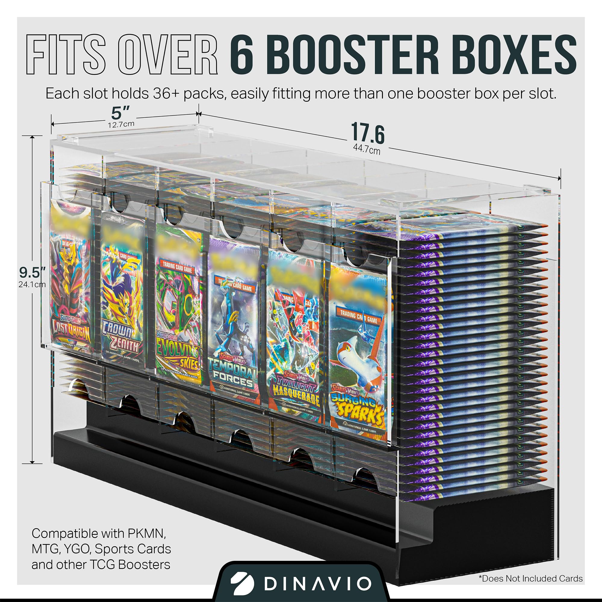 Dinavio Crafthouse 6-Slot Booster Pack Dispenser with Black Base - Fits 240 Booster Packs for Dispensing - Compatible with TCG Trading Card Boosters and Sports Card Boosters - 4mm Acrylic Stackable