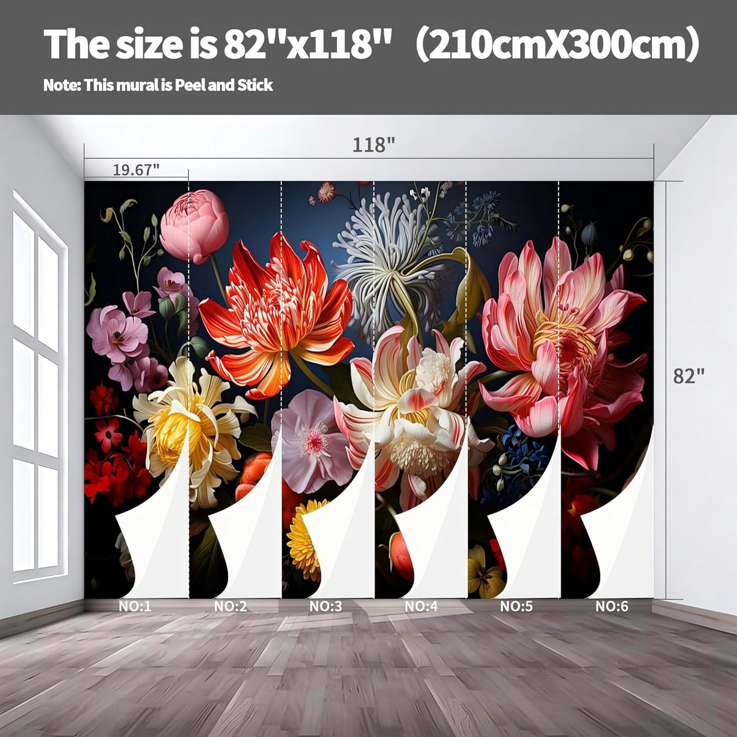 Large Dark Background Vibrant Floral Peel and Stick Wall Mural, Removable Vintage Blossom Mural, Office Decor Commercial Wall Art for Bedroom Living Room Boutique Hotel Salon (A01, 82"x118")