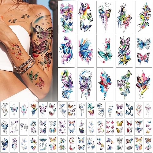 EMOME 79 tatuajes temporales de mariposa para mujeres y niñas, tatuajes realistas de manga colorida, tatuajes temporales impermeables de larga