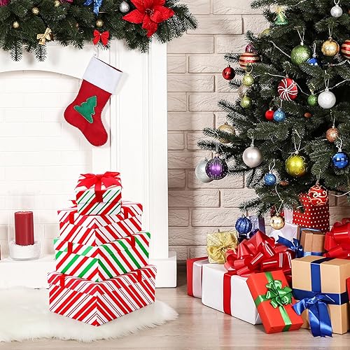 Miniatura 4 de Zhanmai 4 cajas de regalo de Navidad, cajas de Navidad a rayas rojas y blancas, cajas apilables de Navidad duras con tapas, cajas de regalo anidadas