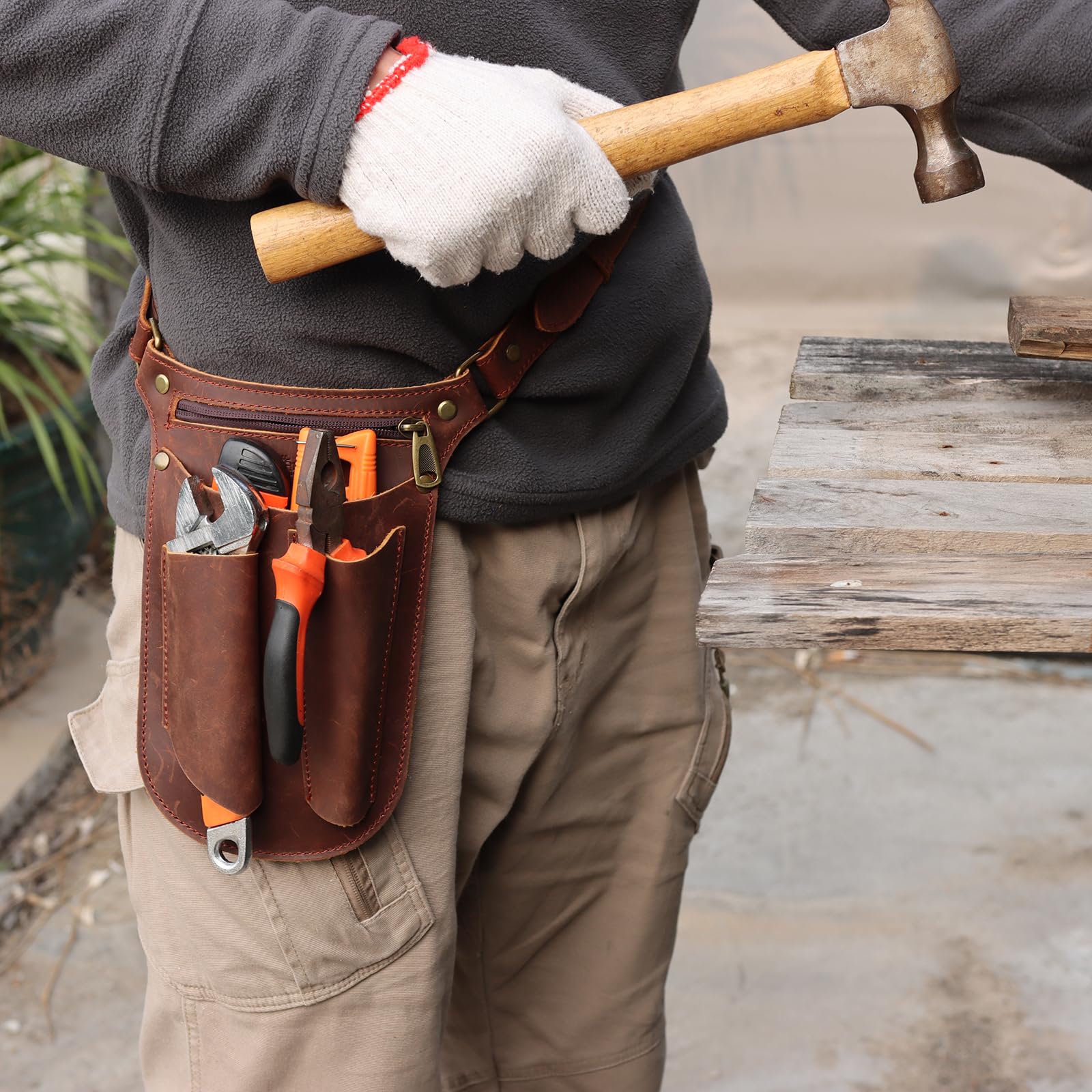 TOURBON Echtleder-Gartenwerkzeuggürtel für Männer und Frauen, Gandening-Tasche, Floristen-Organizer, Gärtnertasche