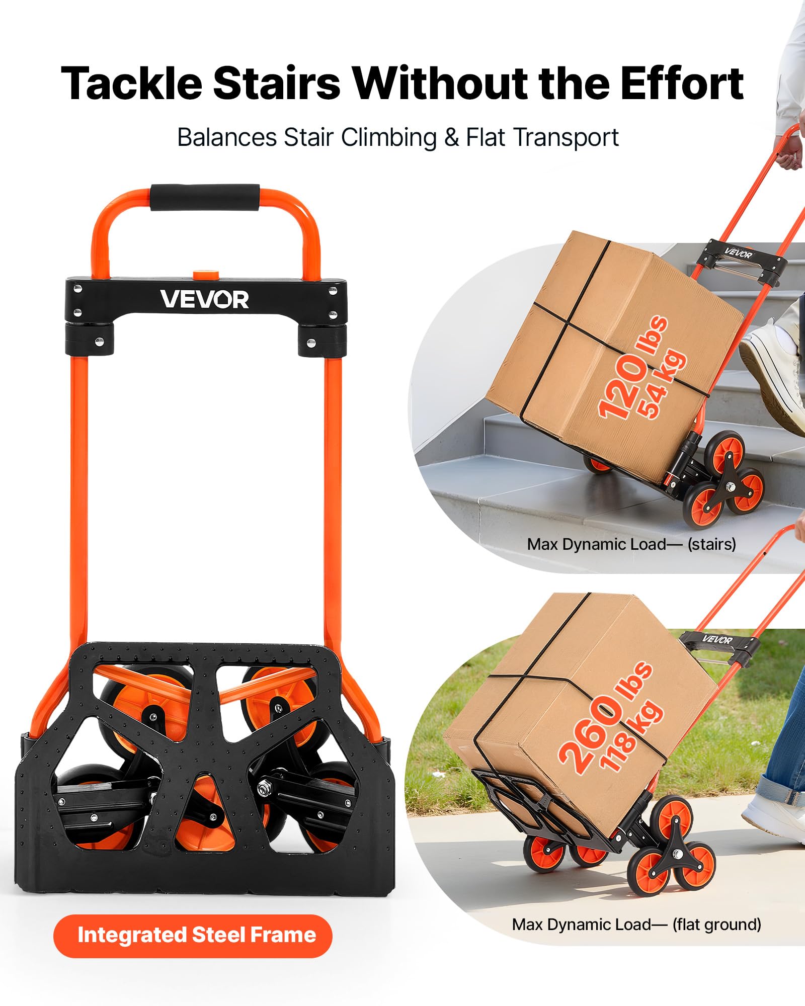 VEVOR Carretilla de Mano Plegable con Asa Telescópica, Carga Máxima 54 kg, Carro Sube Escaleras Resistente, Marco de Acero al Carbono, con 2 Cuerdas y 6 Ruedas, para Almacén Compra Oficina y Hogar