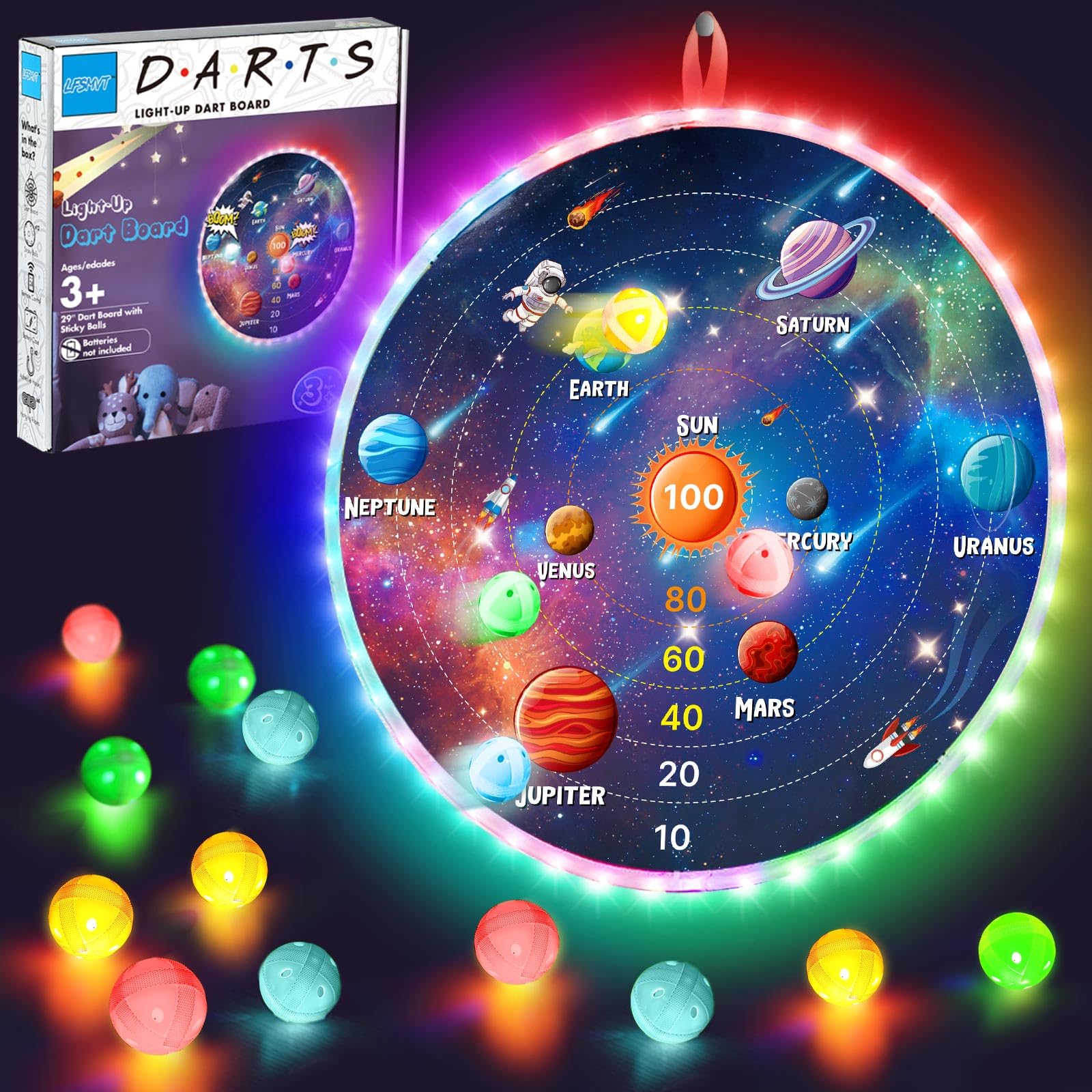 29" LED Dart Board for Kids, Light Up Dart Board with LED Sticky Balls, APP Control, Music Sync for Indoor Outdoor Party Game Toys, Gift for Kids Ages 3-12 Years Old Boys Girls