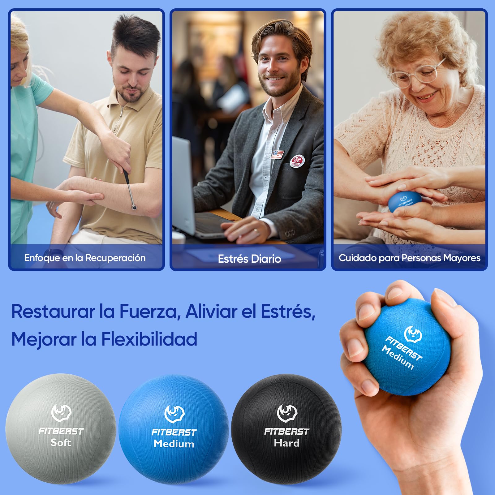 FitBeast Entrenador de Fuerza de Agarre – 6 Piezas Terapia de Mano con Ejercitador de Extensión de Dedos & Pelotas Antiestrés para Rehabilitación y Entrenamiento de Fuerza