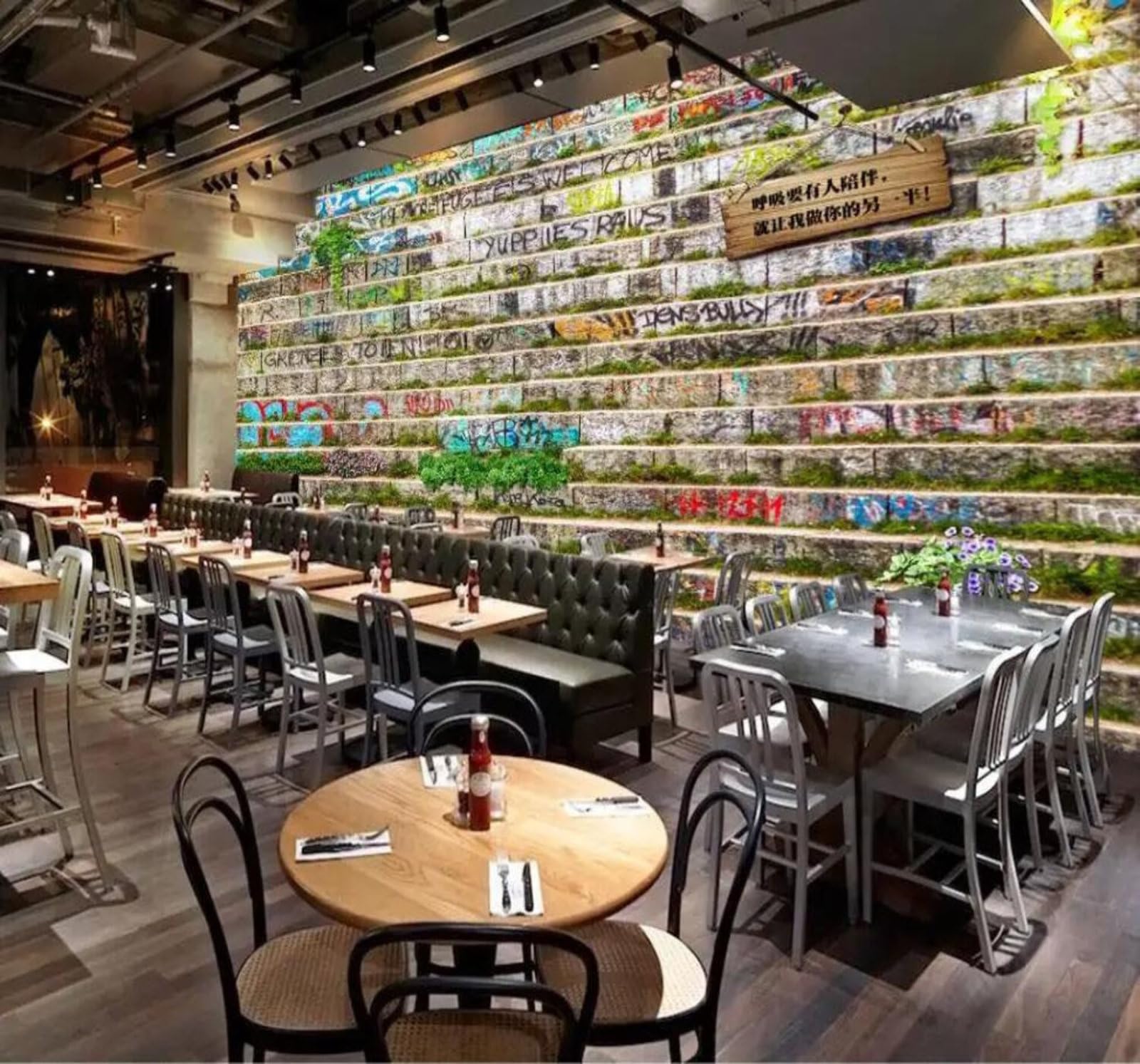 Tzxztt 400Cm×280Cm(B×H) Creative Retro Brick Wall Plants Graffiti Brick Wall Modern 3D Wallpaper Premium Textured Silk Neutral Tones Material Ideal For Living Room Bedroom-400Cm×280Cm
