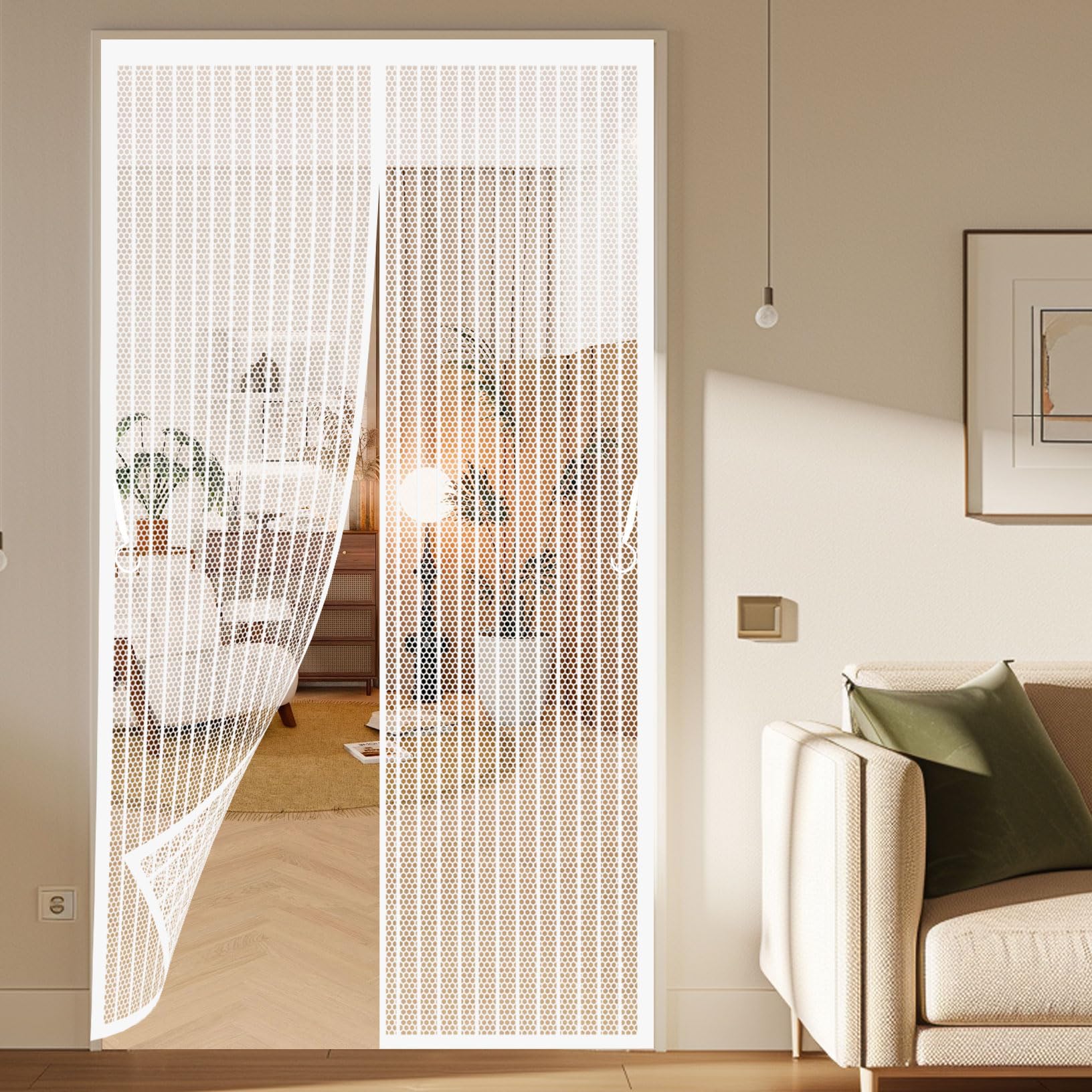 Magnetic Screen Door 176 x 190 cm with Powerful Magnets and Full Frame Magic Tape Bug Mesh Curtain Easy to Install Without Drilling for Living Room, Kitchen, Bedroom, White