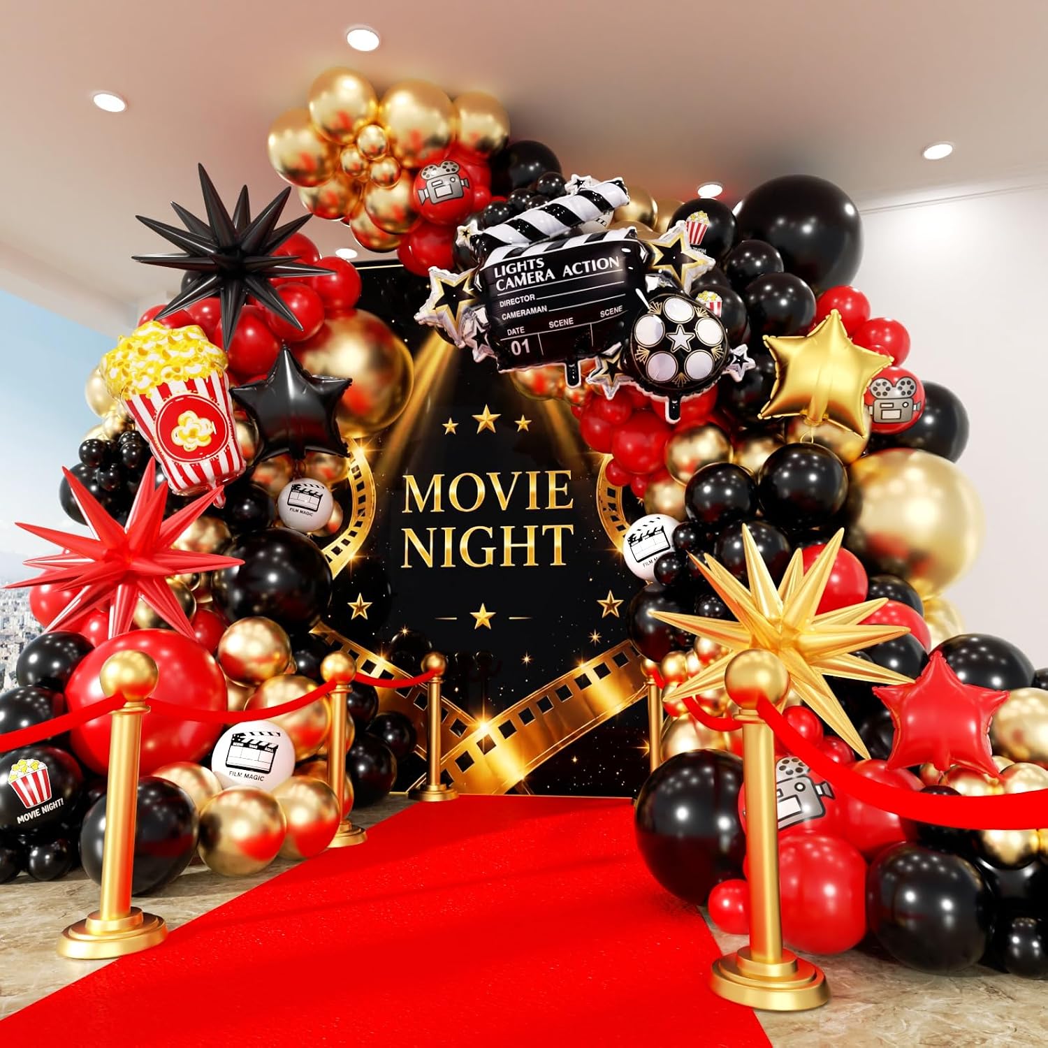 Kit de Arco de Globos Movie Night 168 Piezas Rojo Negro Oro