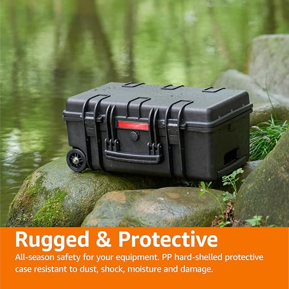 Amazon Basics Large Protective Hard Camera Case with Retractable Handle and Rolling Wheels, Customizable Fit Foam, Waterproof, Shockproof, 21.9 x 13.7 x 9.8 inches (55.6 x 34.8 x 24.9 cm) - Black
