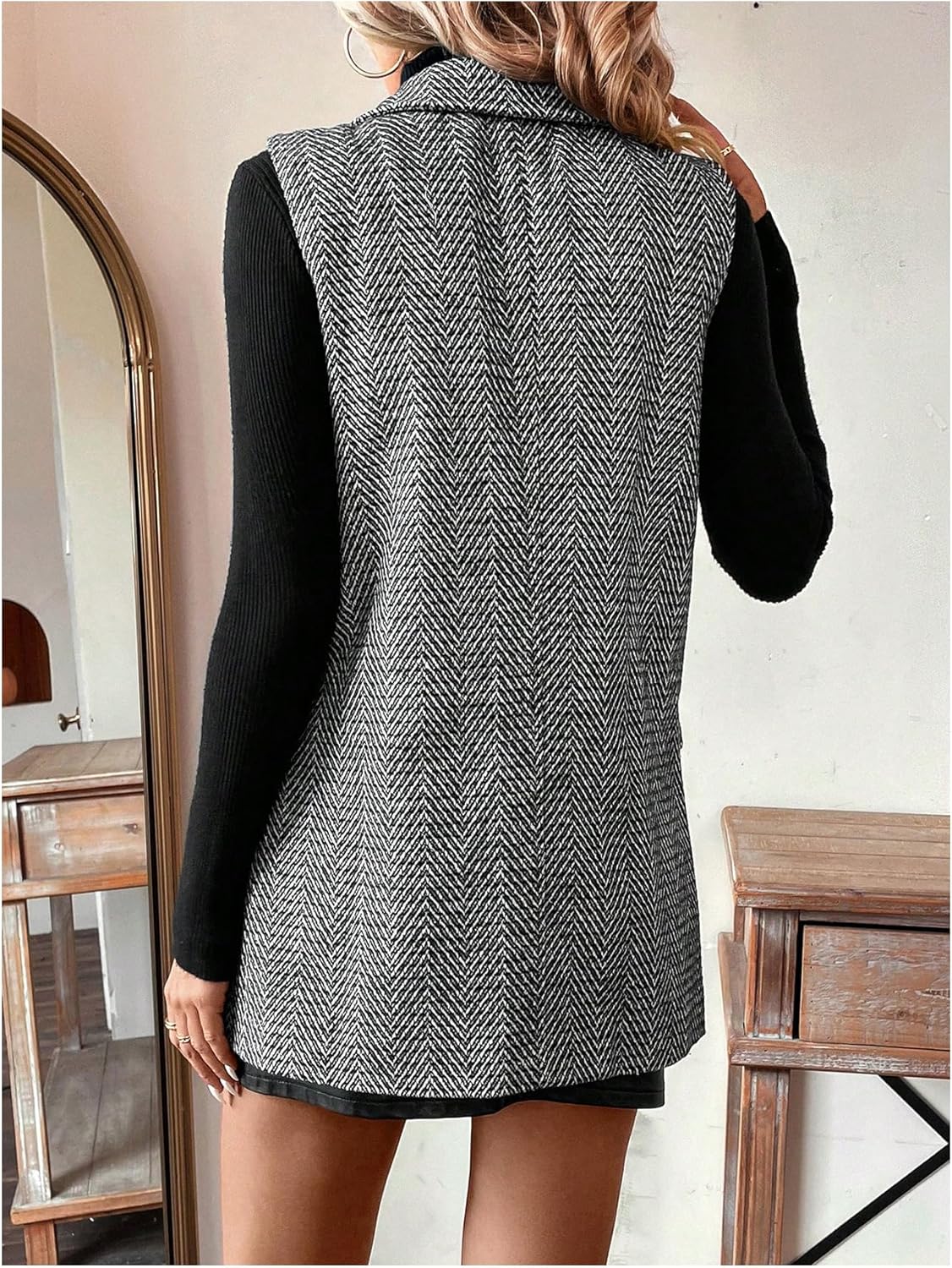 MakeMeChic Women's Tweed Blazer Vest Sleeveless Lapel Collar Business Casual Jacket Coat - Image 2