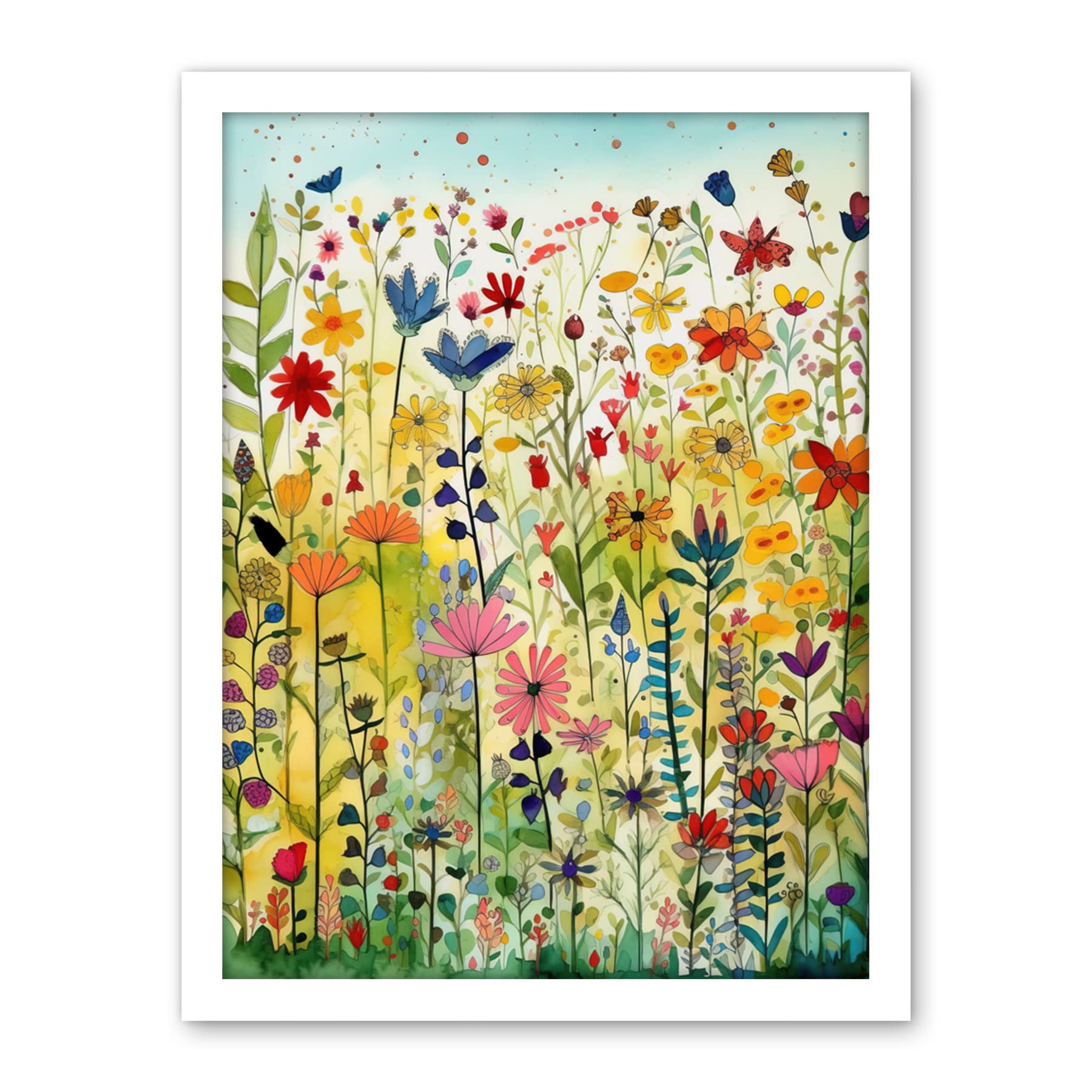 Artery8 Mixed Wildflower Bloom In Meadow Folk Art Artwork Framed Wall Art Print 18X24 Inch