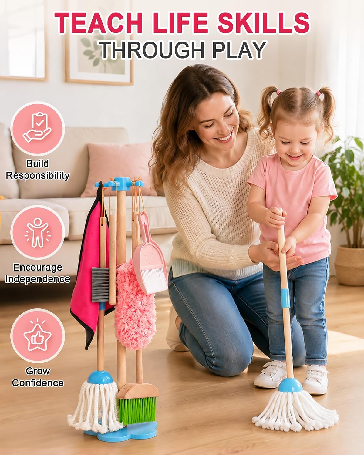Lipneaed Kids Cleaning Set, 8-Pc Toddler Broom Set, Pink Cleaning Set photo 4