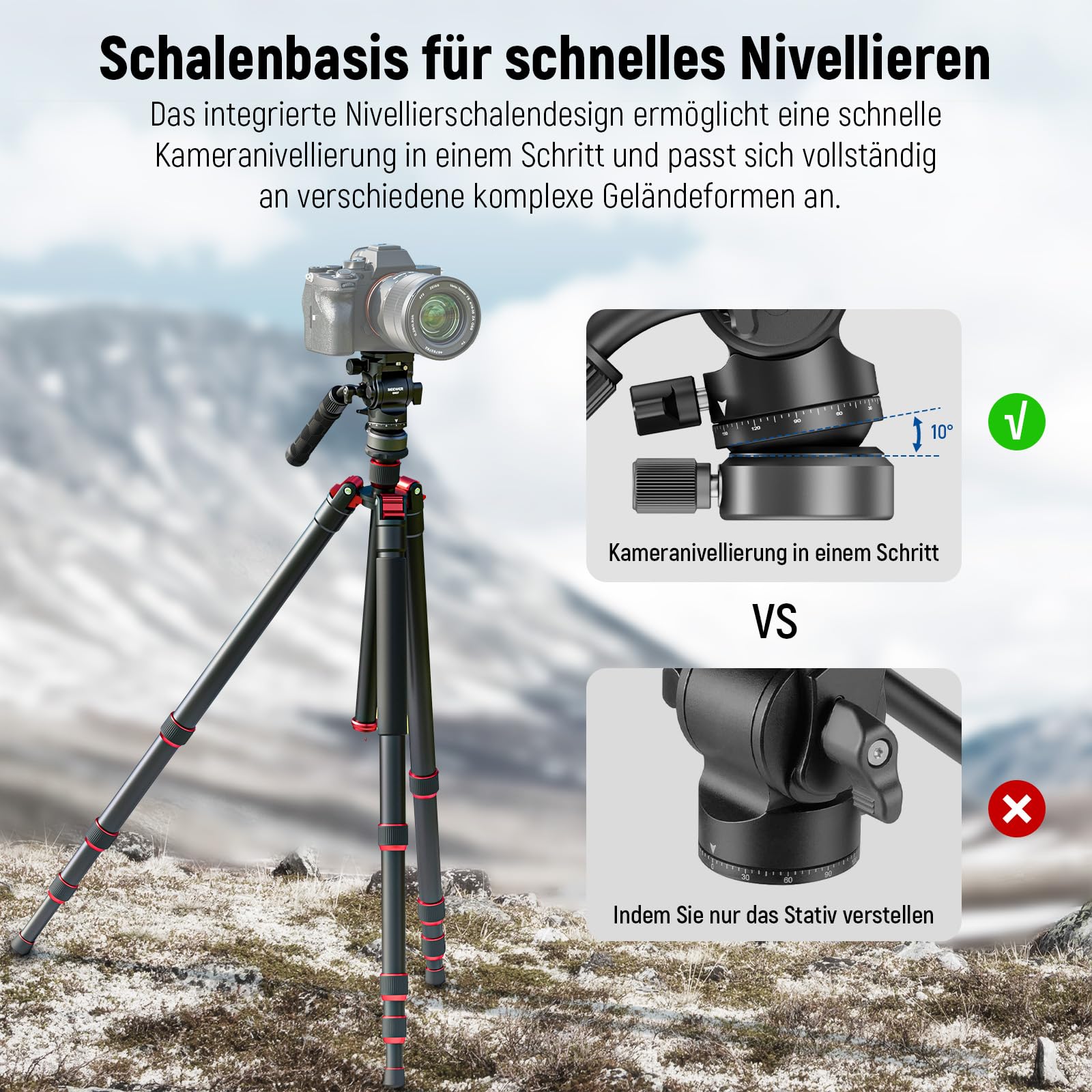 NEEWER Stativ Fluidkopf mit +/-10° Nivellierbasis, Metall Drag Pan Tilt Kopfhalterung mit Arca Typ Schnellwechselplatte, Teleskopgriff, Reinigungstuch für kompakte DSLR Kamera/Cam, max. Last 4kg, GM27