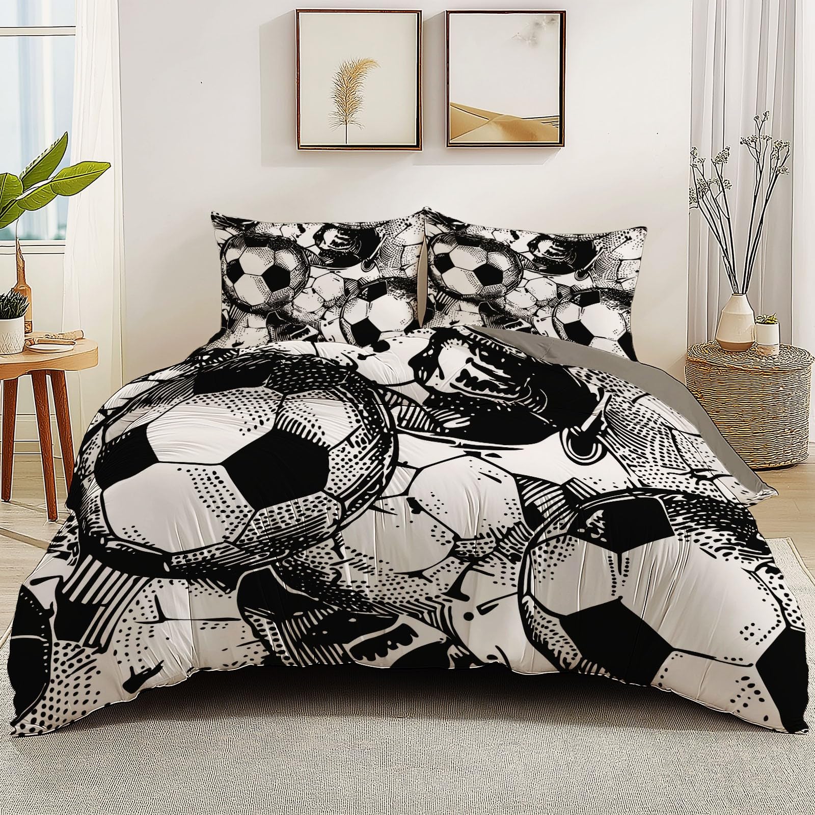 Generico Arte Cómico Líneas FútbolJuego de Funda Nordica Estampada Cama 90-150 x 220 cm + 50x75x2, Microfibra Suave Transpirable, Juego de Funda de Edredon con Cremallera, Gris