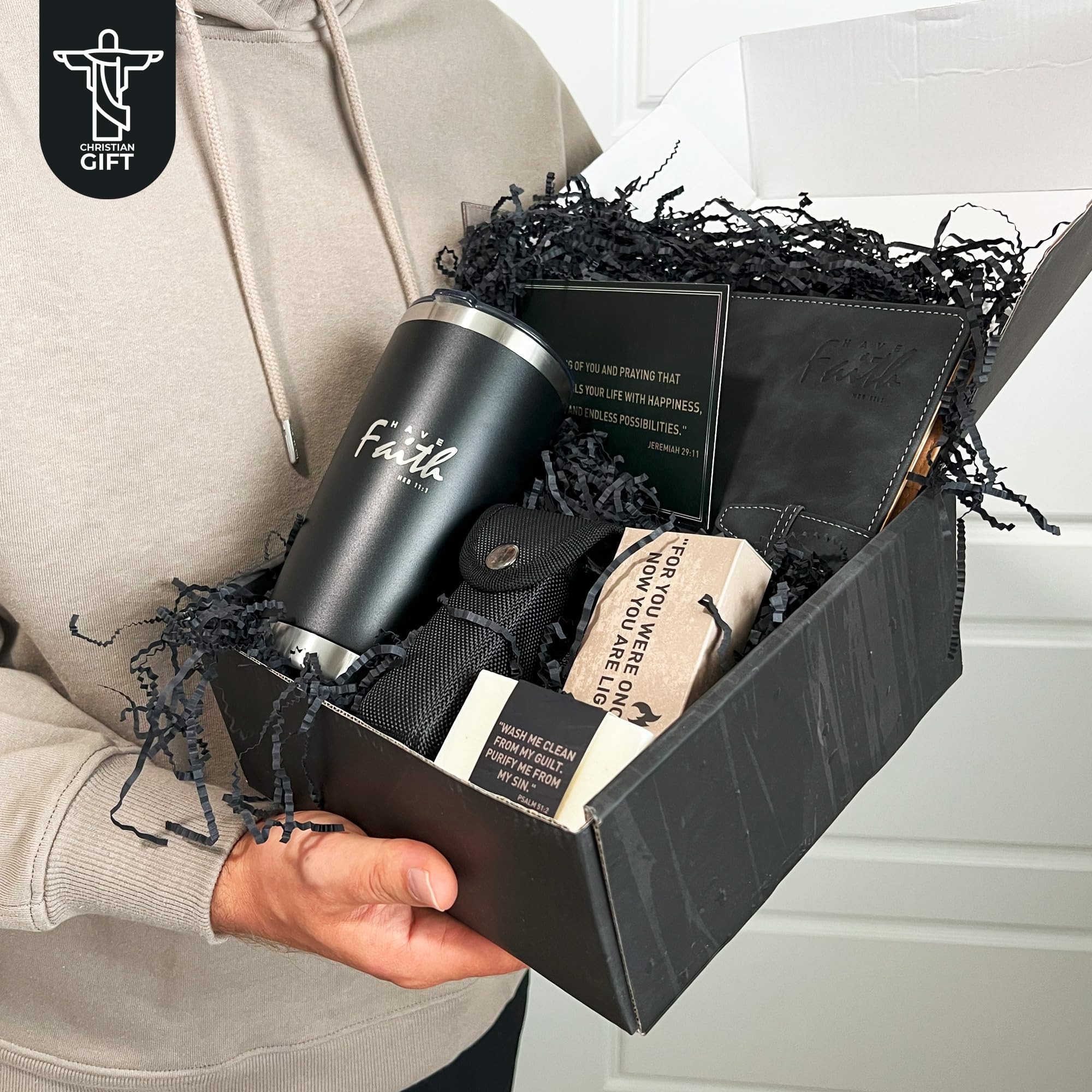 DEHITE Christian Gifts for Men - Religious Gift Basket for Men - Insulated Tumbler - Black Premium Faux Leather Notebook - Multitool Pocket Knife - Christian Gift Box for Father
