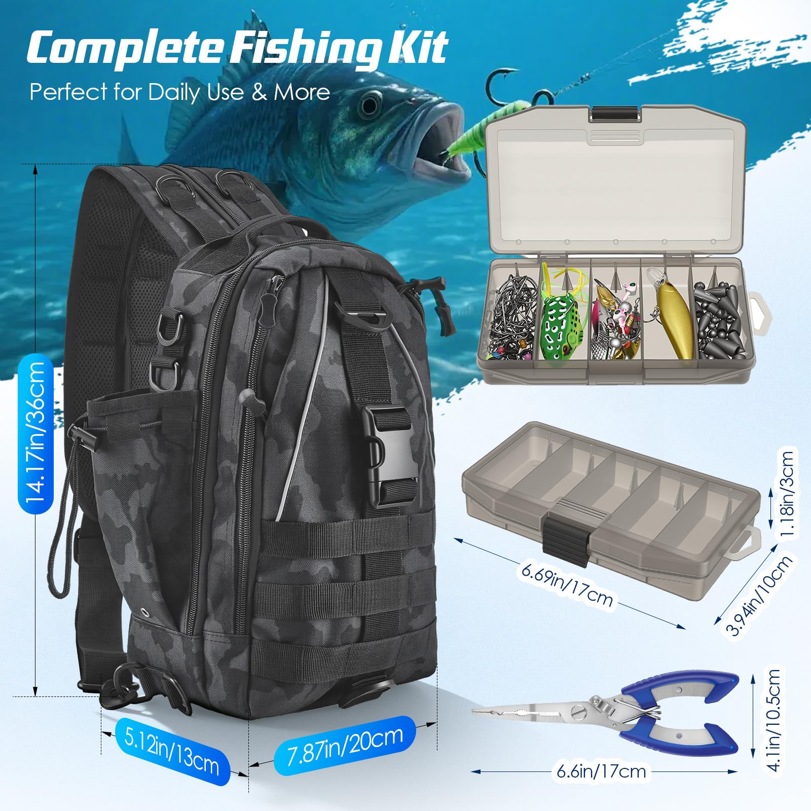 Mochila de pesca impermeable 40L con cajas, juego de 208 piezas, incluye cebo, pinzas, removedor de anzuelos y agarre de labio