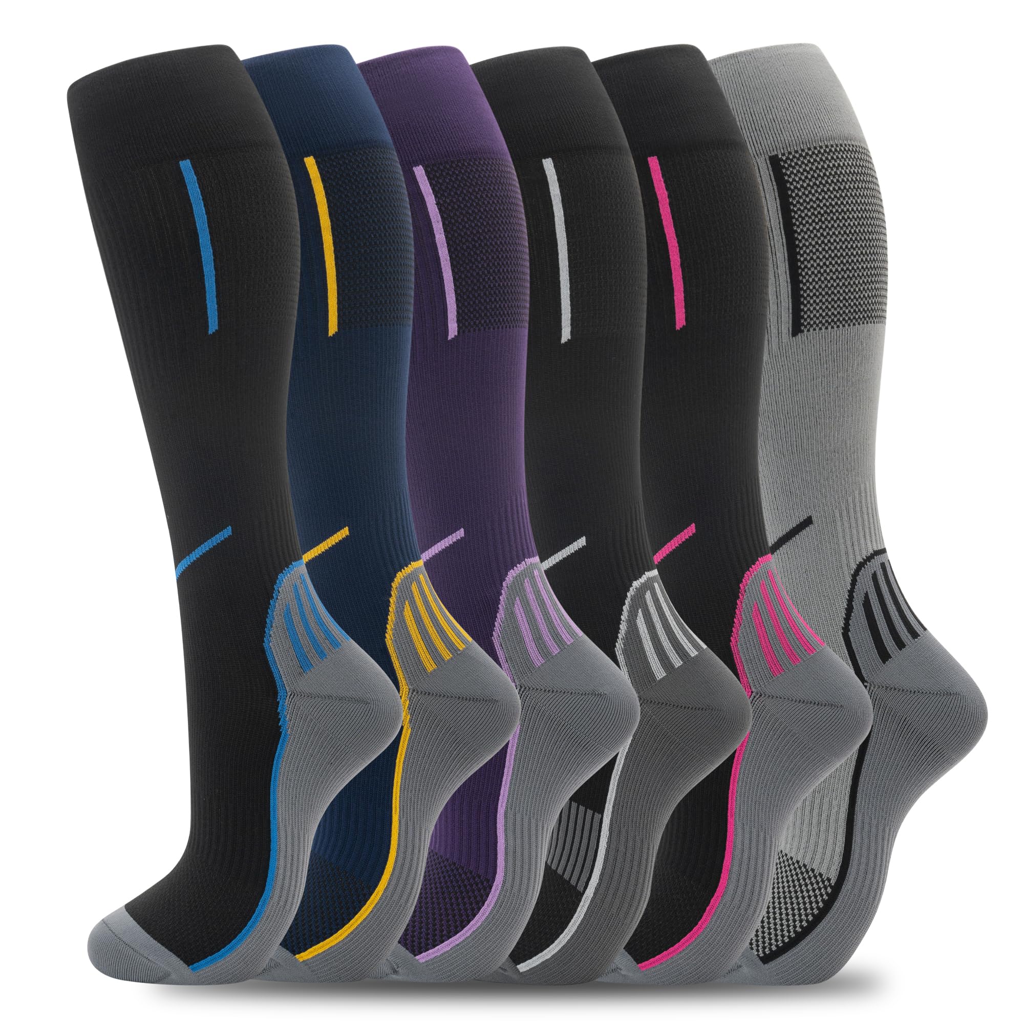 fenglaoda Compression Socks Women Men 6 Pairs, Knee High Best Support Circulation Socks for Running, Travel, Flight, Nurse
