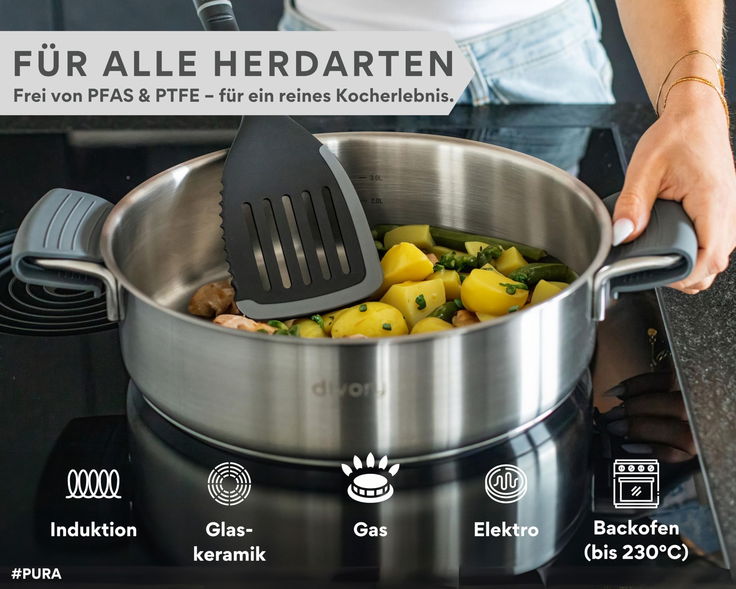 DIVORY Schmorpfanne 28 cm – Hohe Edelstahl Servierpfanne unbeschichtet & ohne PTFE/PFOA, Schmortopf mit Deckel für Induktion & Backofen, Kochtopf 28 cm mit hohem Rand – casserole pan (PURA, 28cm)