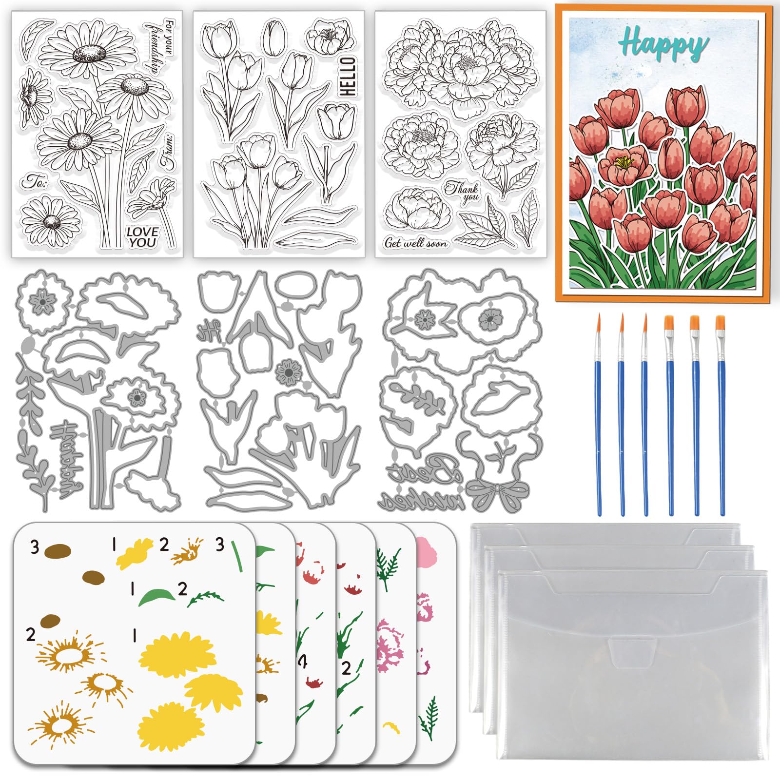 Flower Stamp & Die Set - Peonies, Daisies, Tulips -1