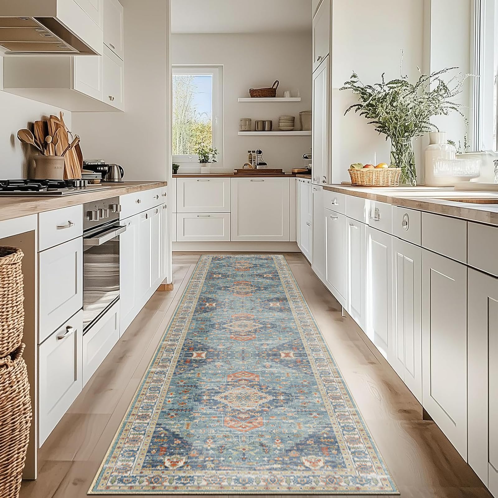 Enkor Runner Rugs for Hallway, 2.6x10.5 Washable Soft Non Slip Floor Rugs for Kitchen, Modern Mat for Living Room Bedroom Entryway Green & Blue