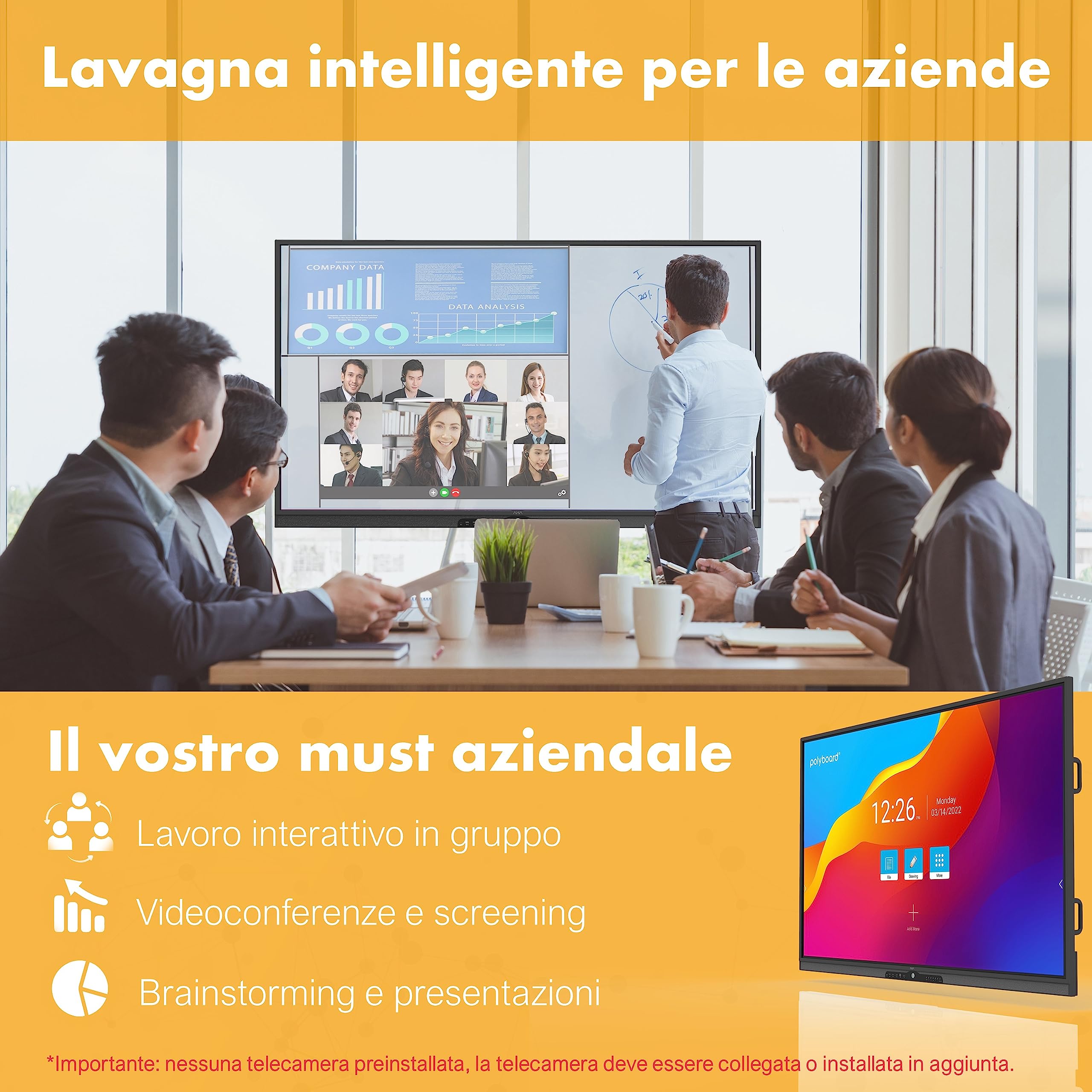 polyboard - Lavagna interattiva 65 pollici 3840x2160 UHD 2.4GWiFi - Smart Board elettronica multimediale da muro digitale - Monitor interattivo touch-screen da parete - Schermo per la classe e aziende