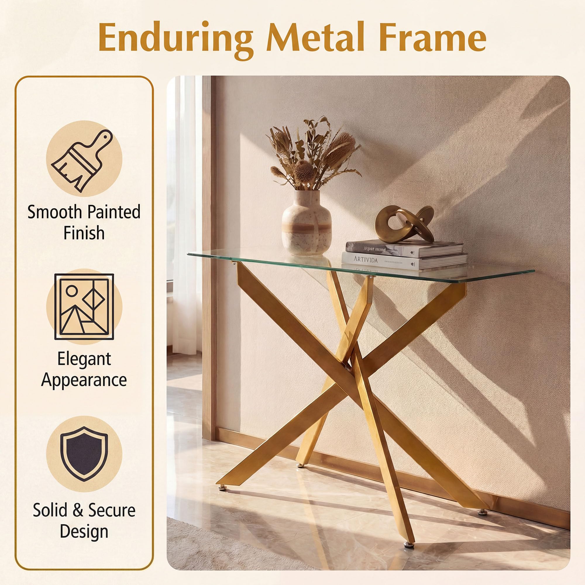 SOARS Konsolentisch mit ESG-Glas & Metalbeinen, moderner rechteckiger Beistelltisch mit verstellbaren Fußpolstern, Eingangstisch für Flur, Esszimmer & Wohnzimmer, 115 x 45 x 78 cm (Gold)
