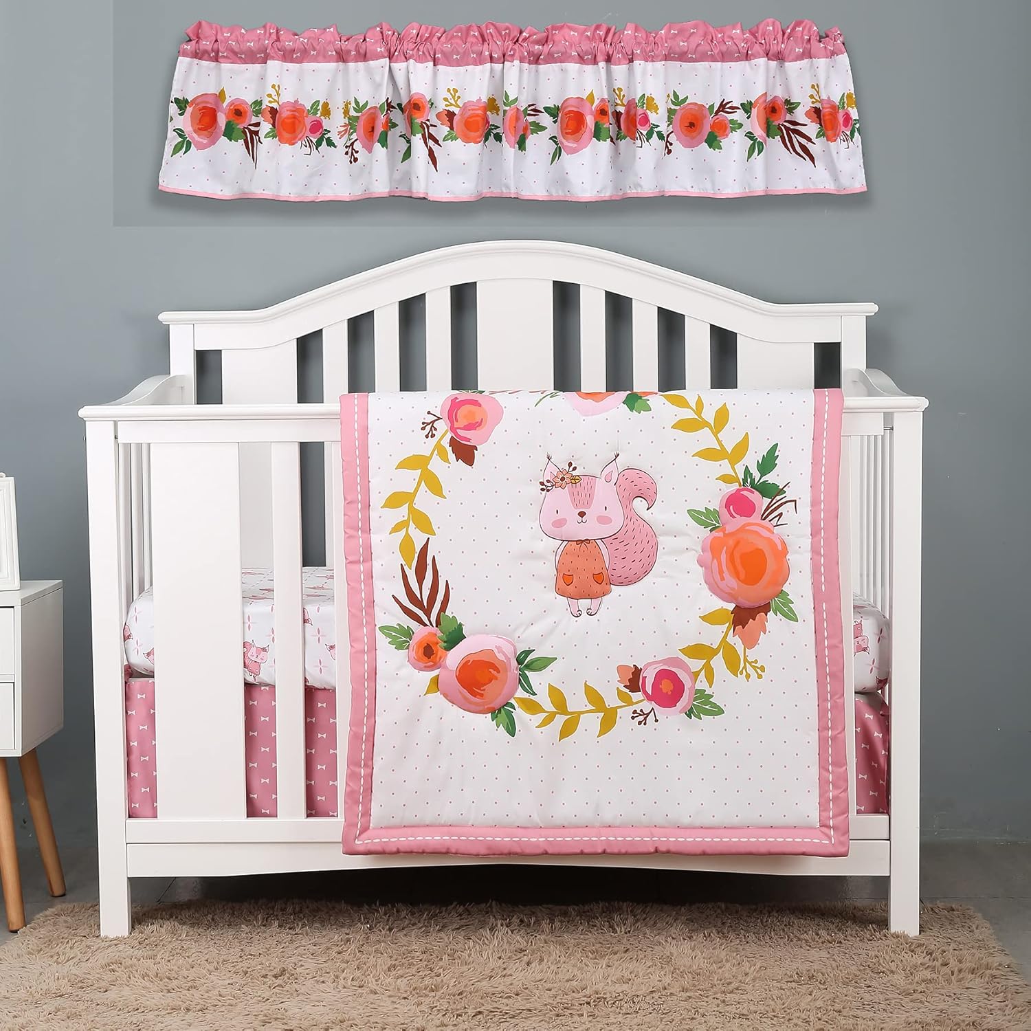Pink Garland Squirrel Nursery Crib Bedding Set for Girls -9 Pieces, Pink White Floral Hoop Baby Girl Crib Bedding Set