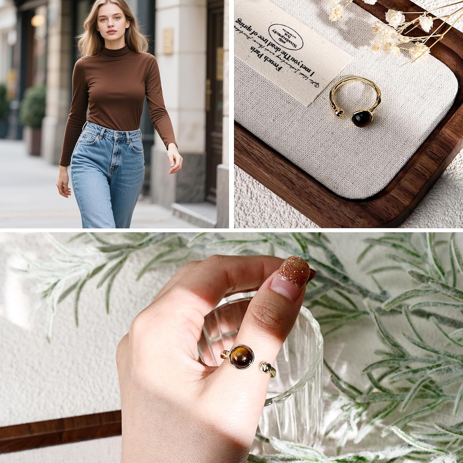 Tigers Eye Ring for Women - 14K Gold Plated Natural Gemstone Adjustable Open Ring, Double Brown Ring for Gift - Image 4