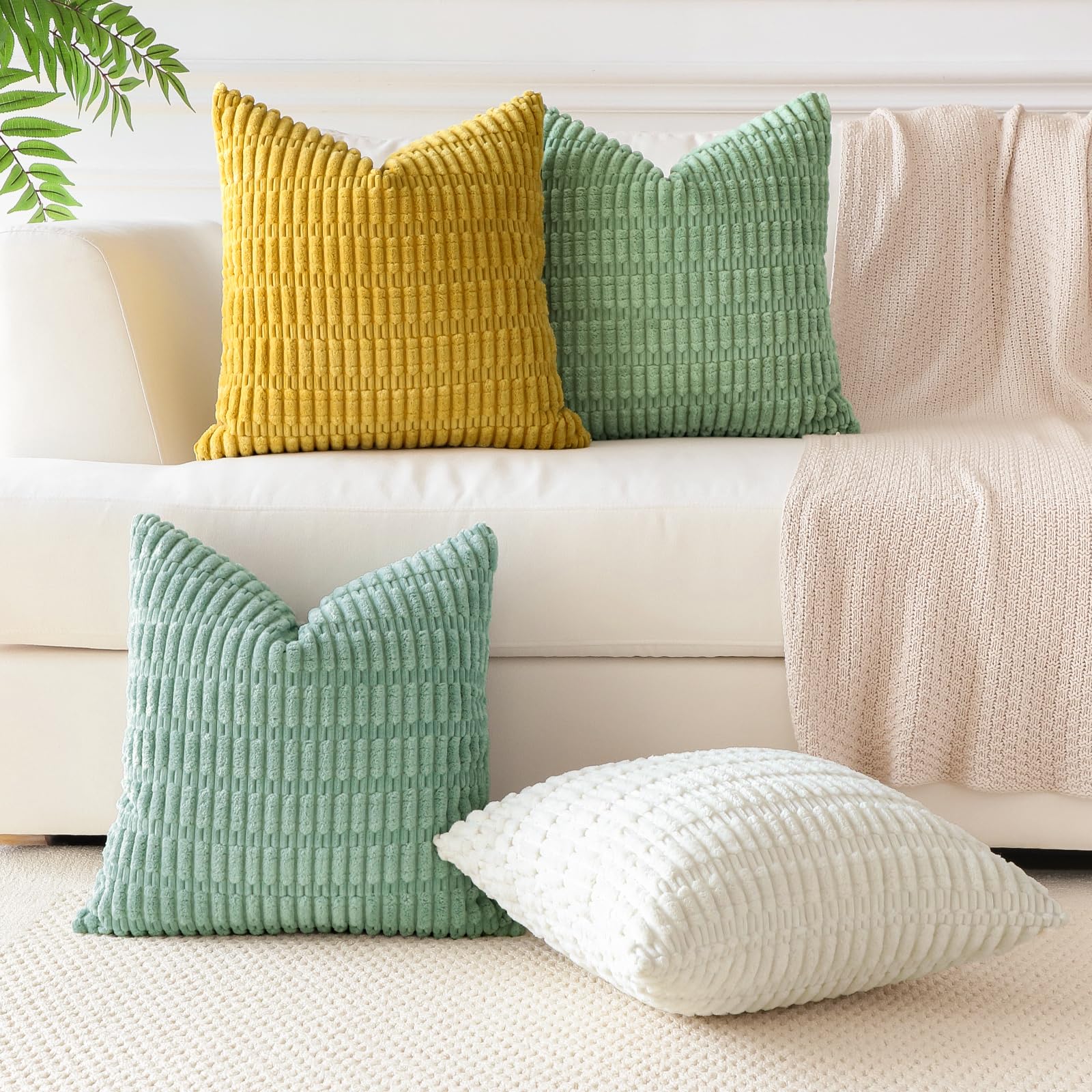 Sungeek Set of 4 Soft Corduroy Decorative Cushion Covers 50x50cm Square Striped Throw Pillow Covers for Sofa Couch Living Room Patio Farmhouse Boho Home Decor Pillowcases - Image 2