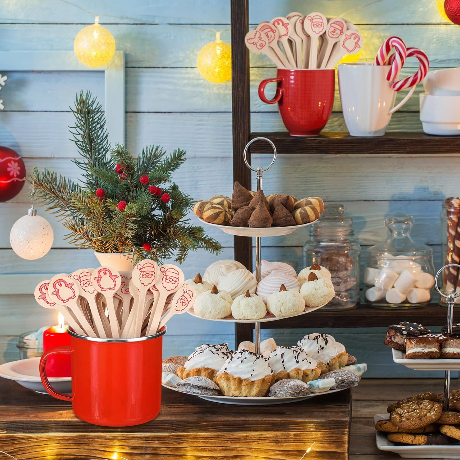 200 Pcs Wooden Coffee Stirrer 6 Inch Christmas Disposable Cocktail Drink Beverage Swizzle Sticks Round End Xmas Sticks for Milk Cocktail Tea Hot Cocoa Bar Chocolate Decoration(Santa Claus)