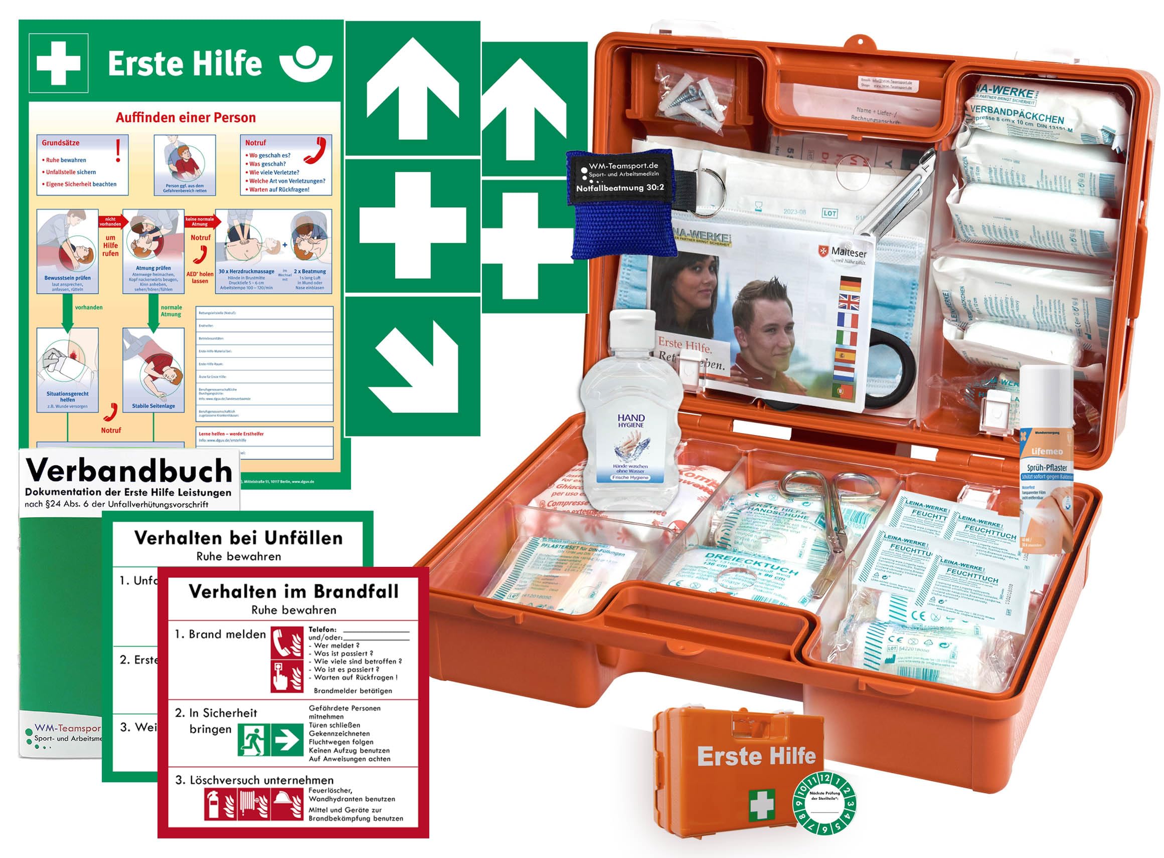 Verbandskoffer/Verbandskasten (M) Typ CSN -Komplettpaket- Erste Hilfe aktueller DIN 13157 Betriebe INKL. Verbandbuch +Hygiene-Gel, Notfallbeatmung & Sprühpflaster +AUSHANG +Aufkleber