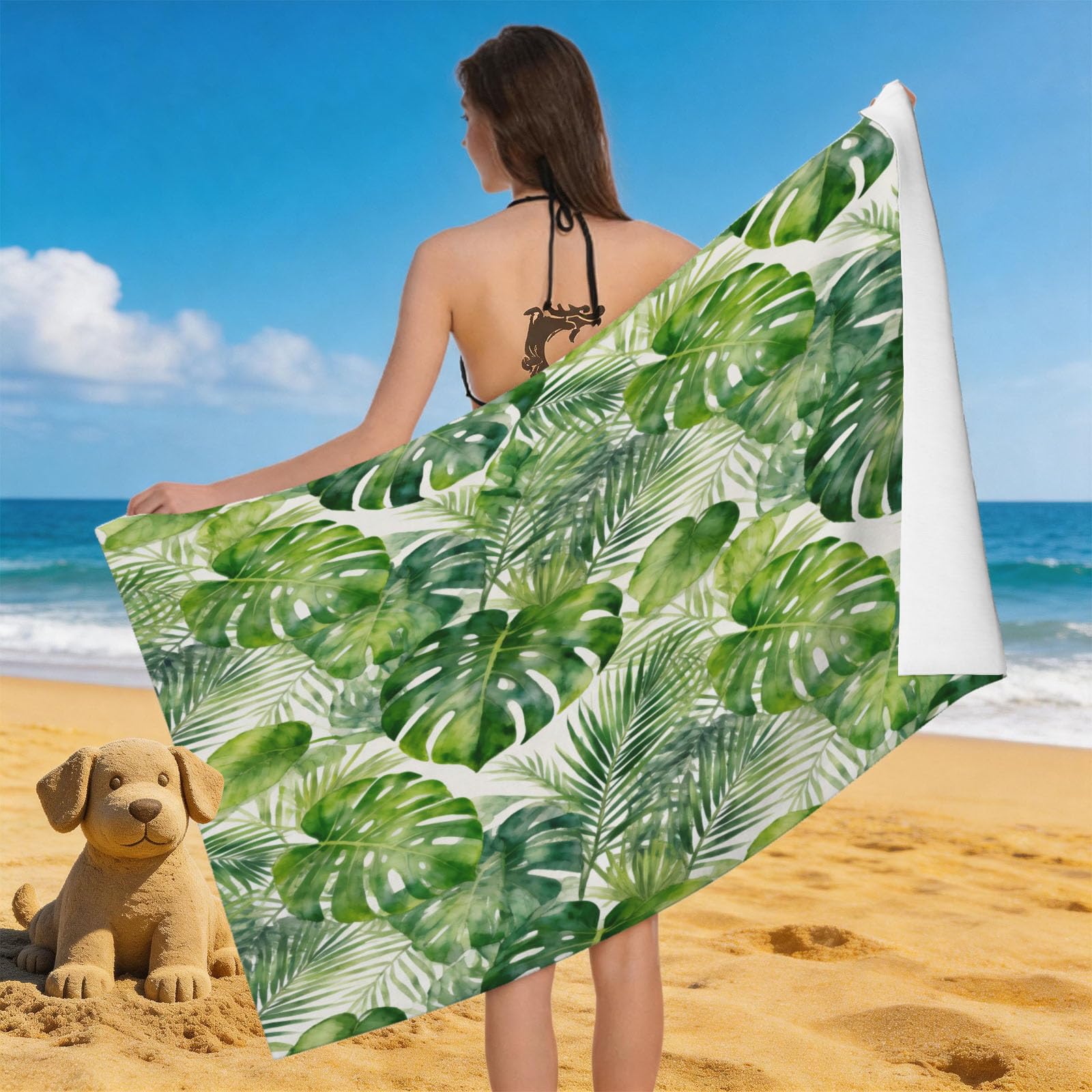 Leichong 3D Watercolor Monstera Beach Towel Microfiber Soft Quick Dry for Adults, Tropical Plants Bath Towel Lightweight Soft Absorbent for Travel Swimming Pool Sports, 75 x 150 cm