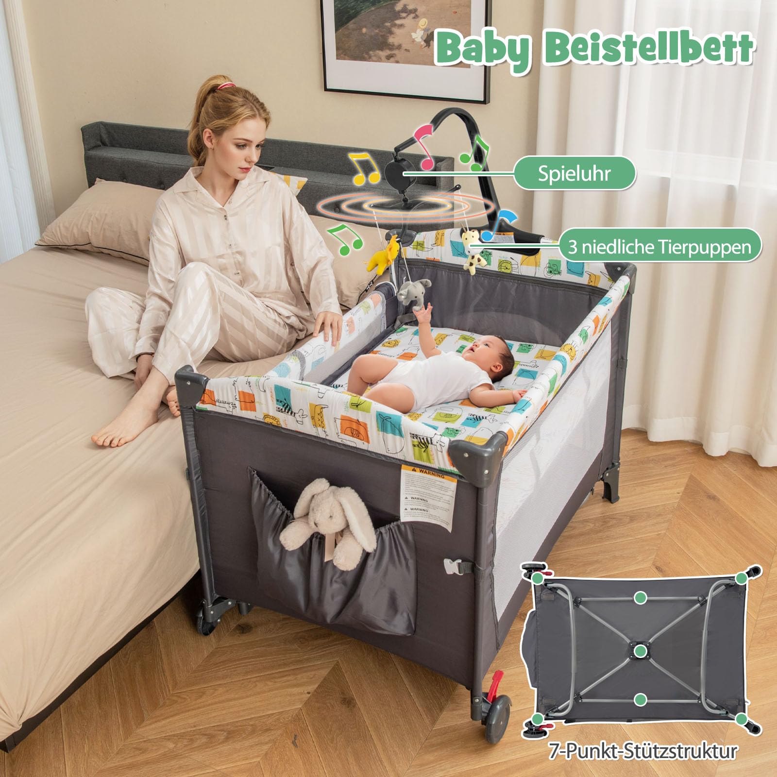 DREAMADE 5 in 1 Reisebett mit Matratze 120 x 60cm, Höhenverstellbar Beistellbett mit Wickeltisch, Spieluhr & Spielzeug, Babybett Babyschaukel für Baby ab Geburt (Grau)