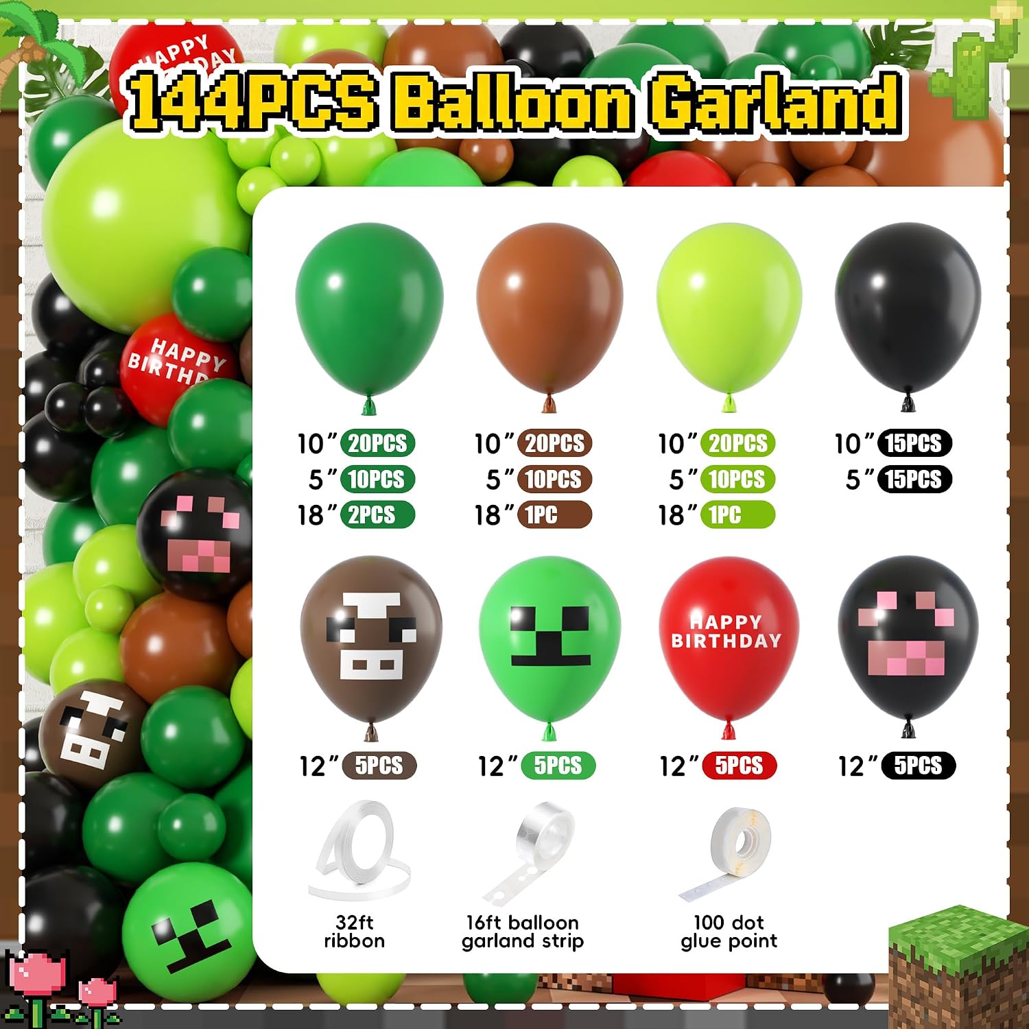 Pixel Game Birthday Decor Set, Green & Black Birthday Decorations for Boys, 157 Pcs Includes Fringe Curtain, Happy Birthday Backdrop, Themed Balloon, All-in-One Party Decorations
