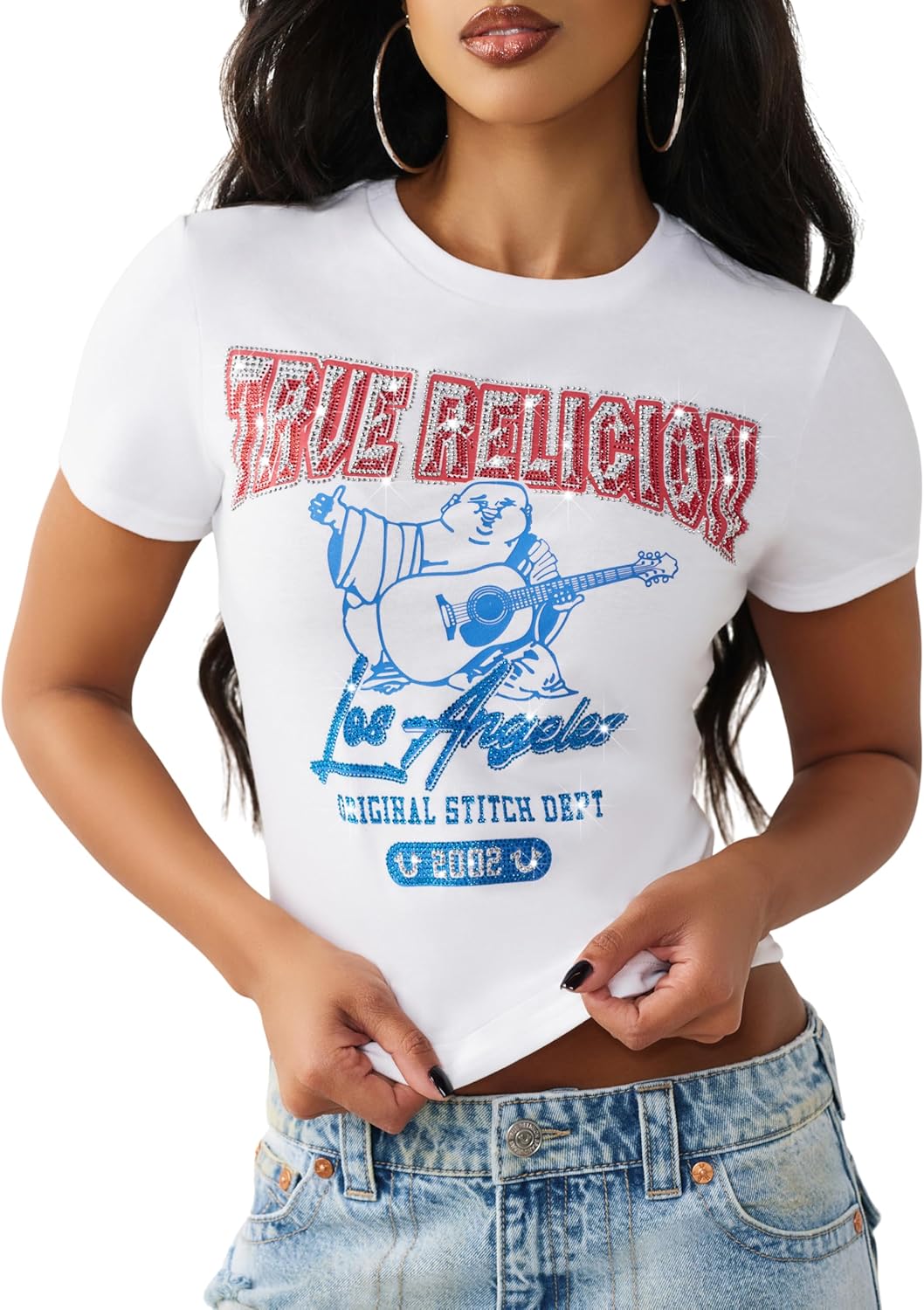 True Religion Women’s Crystal Buddha Tee – Short Sleeve Cotton Blend T-Shirt with Sparkling Rhinestone Logo Design