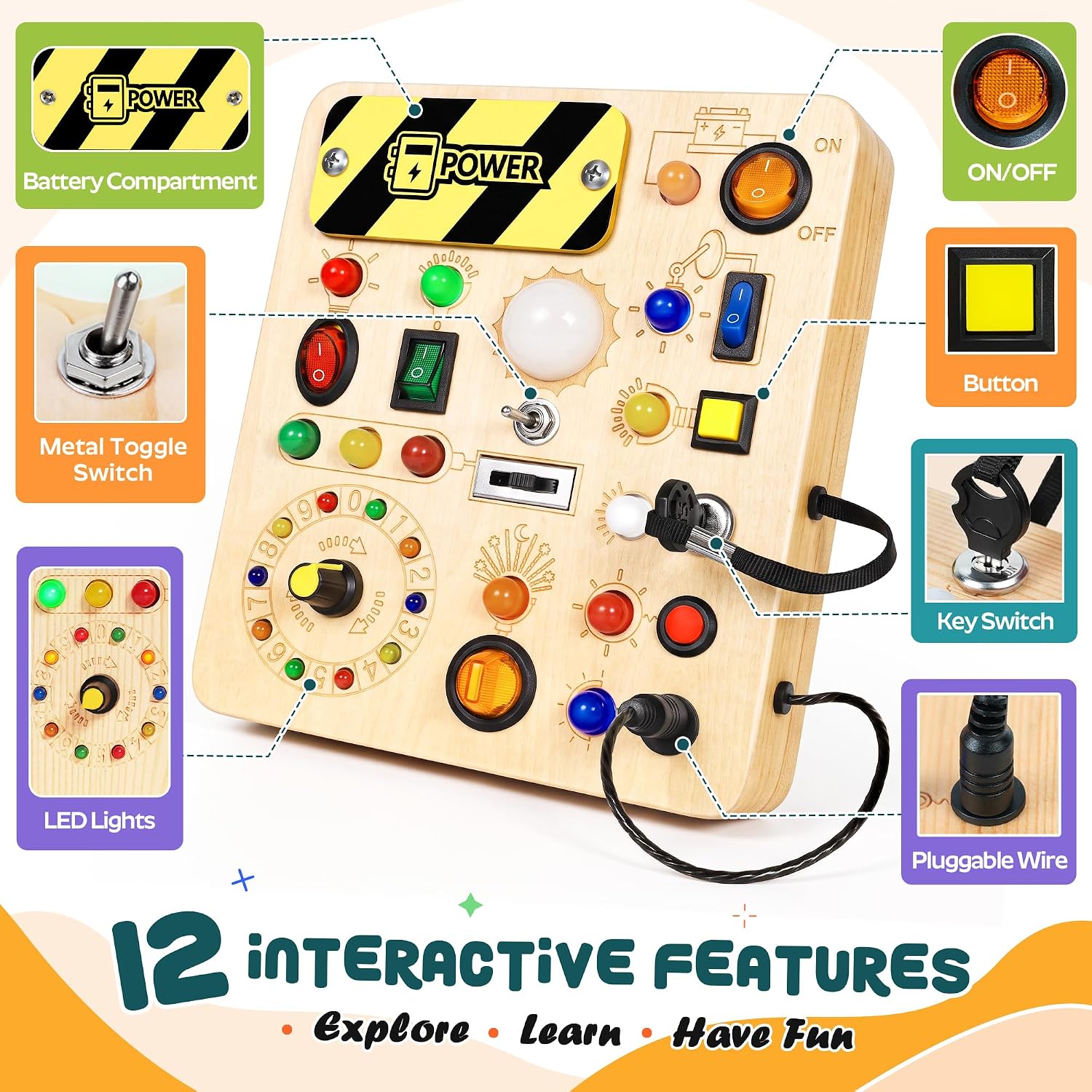 Busy Board for Toddlers, Montessori Toys with LED Light Switches thumbnail