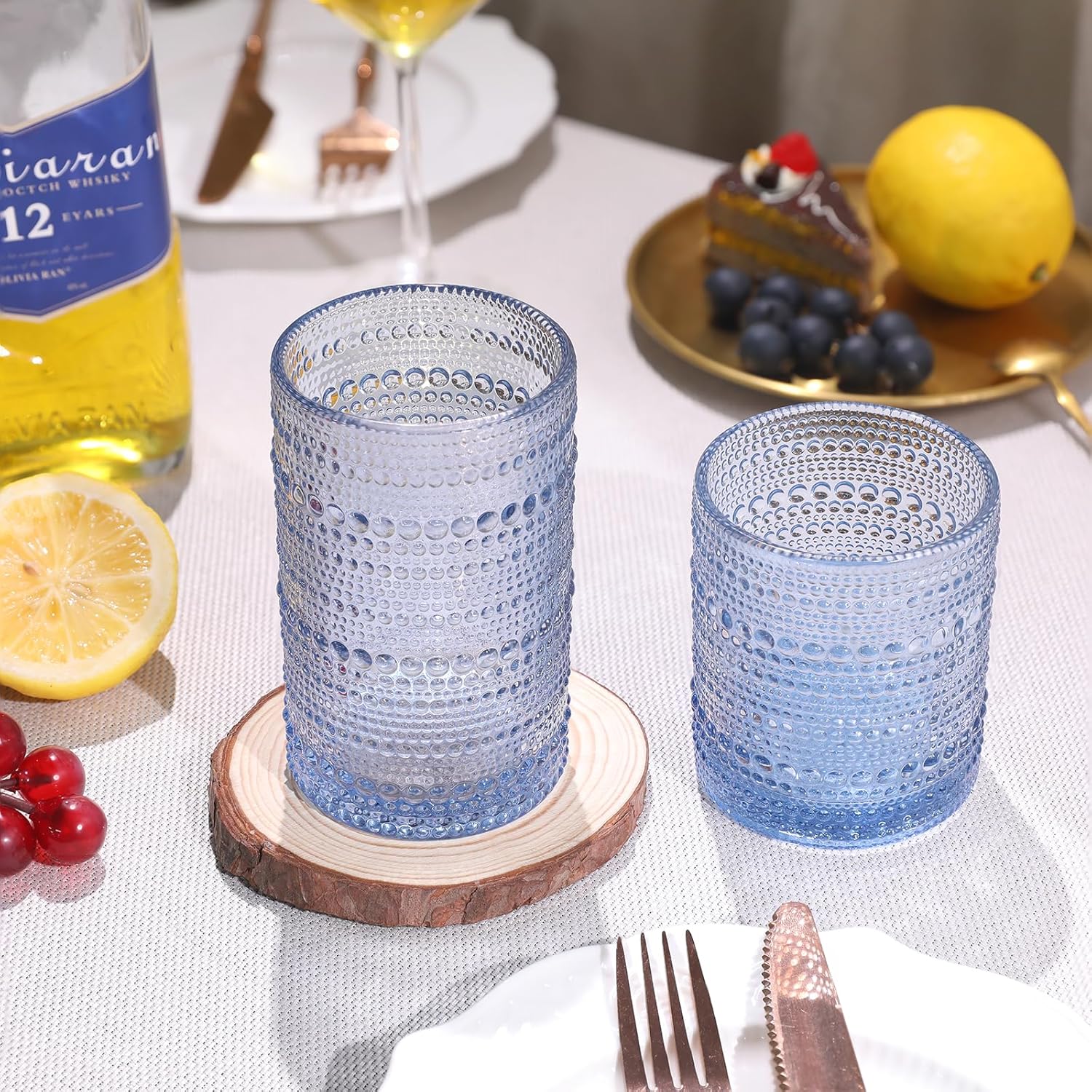 Airsky Blue Vintage Drinking Glasses Set of 4-2 Cocktail Glasses 10 oz & 2 Highball Glasses 12 oz, Fashioned Hobnail Glasses for Beer, Whiskey, Soda, Juice, Coffee, Party Supplies - Image 4