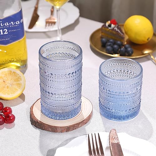 Miniatura 4 de Airsky Juego de 4-2 vasos de cóctel vintage azules de 10 onzas y 2 vasos altos de 12 onzas, vasos de hobnail a la moda para cerveza, whisky,