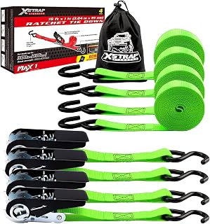 XSTRAP STANDARD Ratchet Tie Down Straps 4 Pk 10 Ft- 300 Lbs Load Cap- 900 Lbs Break Strength-Cargo Straps for UTV, ATV, Pickup,Truck, Moving Appliances, Lawn Equipment, Neon Green