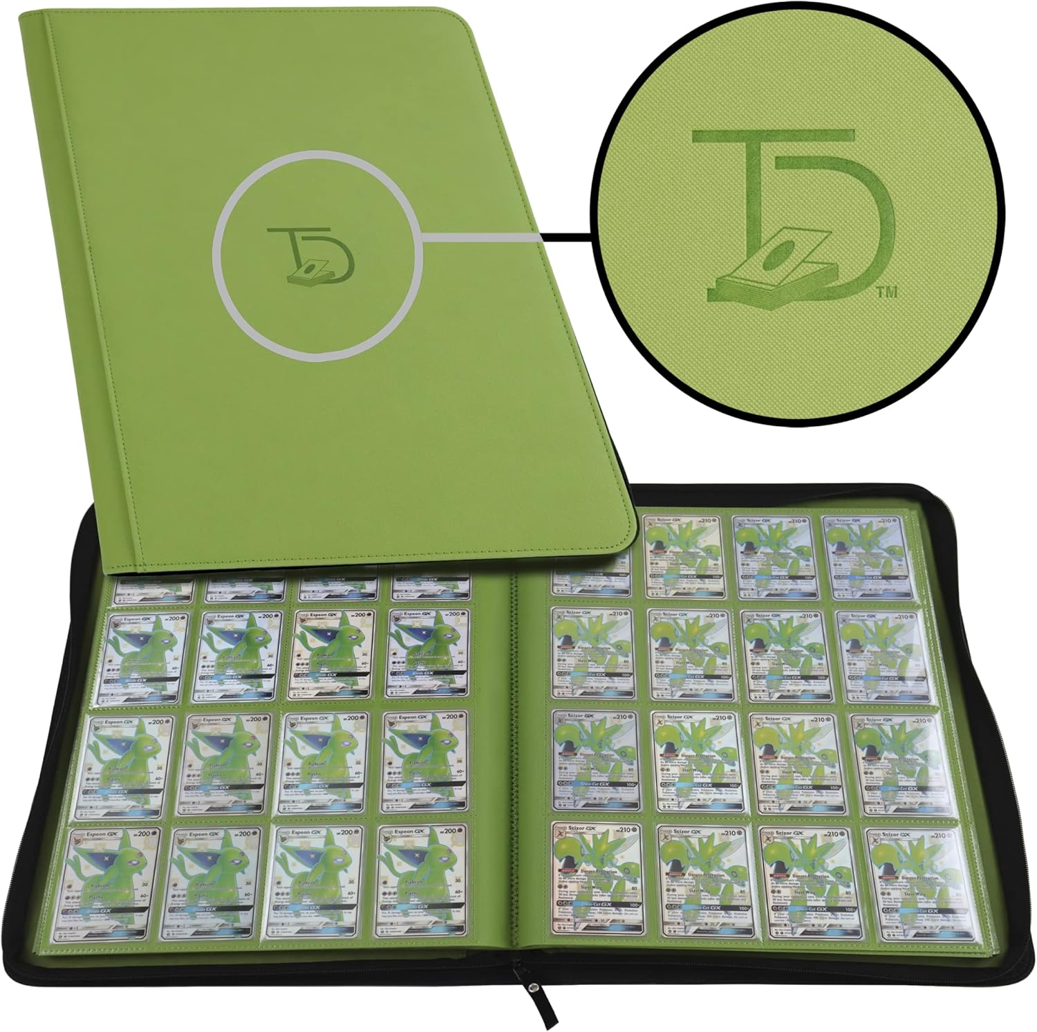 topdeck 1000 card binder - tcg portfolio - 16 pocket card binder - ringless binder compatible with pokemon cards, yu-gi-oh, magic the gathering, and more - side load sleeves - cards album (green)