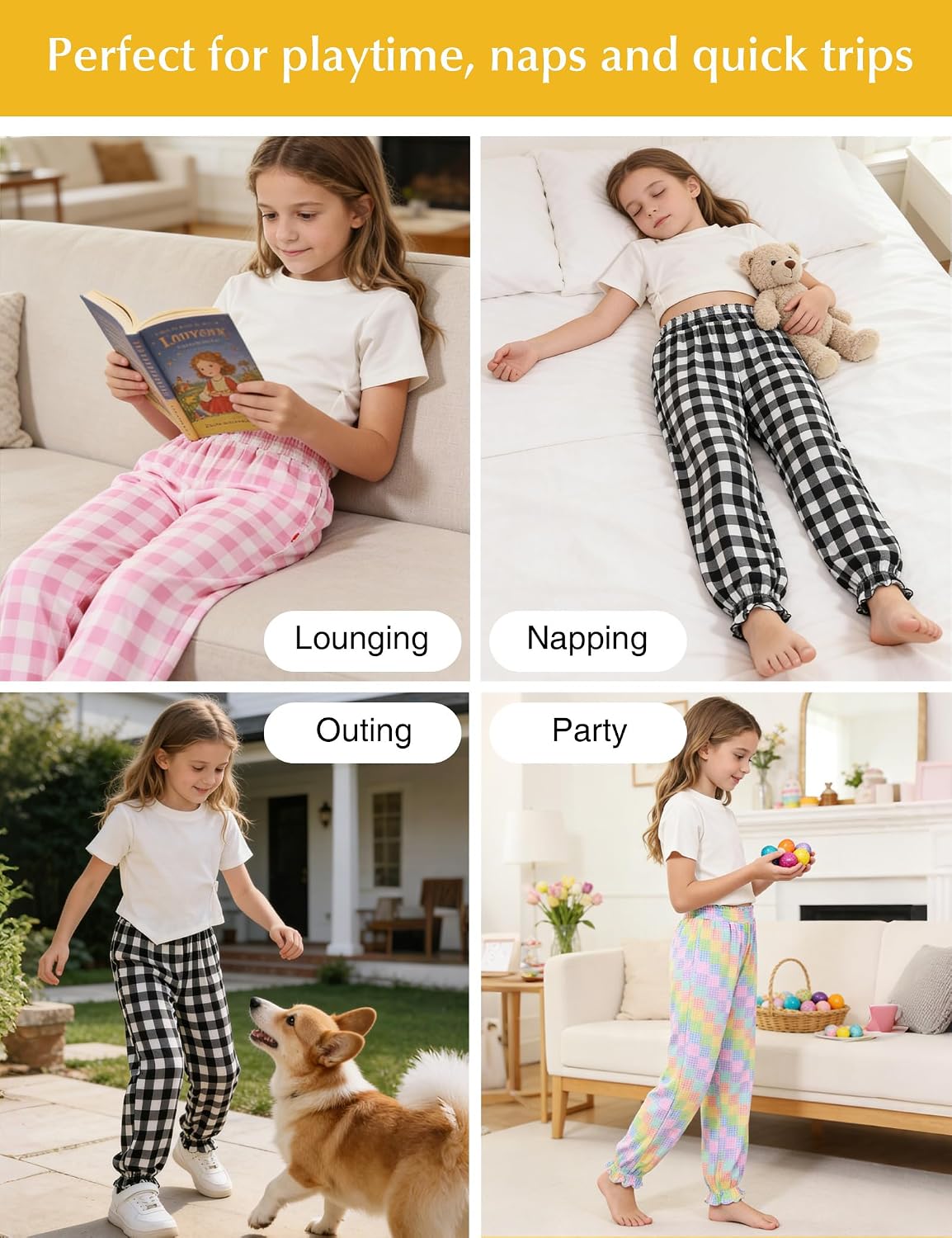 Bamboo Viscose Girls Pajama Jogger Pants Comfy Lounge PJs 4-12Y | Soft Breathable Sleep Bottoms with Pockets, Caual Cooling Summer Lounge Pants, Cute Print
